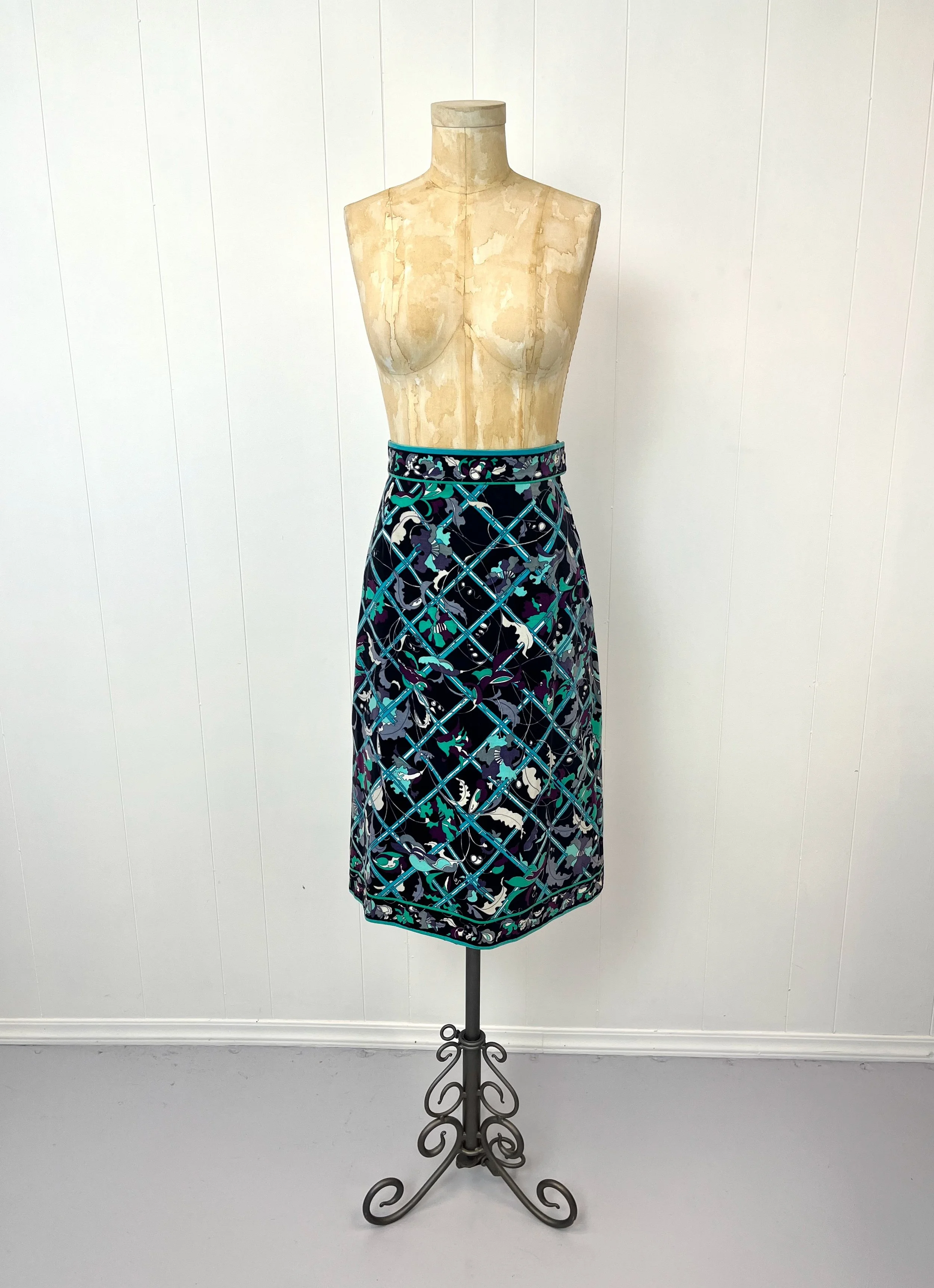 1970s Emilio Pucci Velvet Green Blue Floral Print Two Piece Skirt