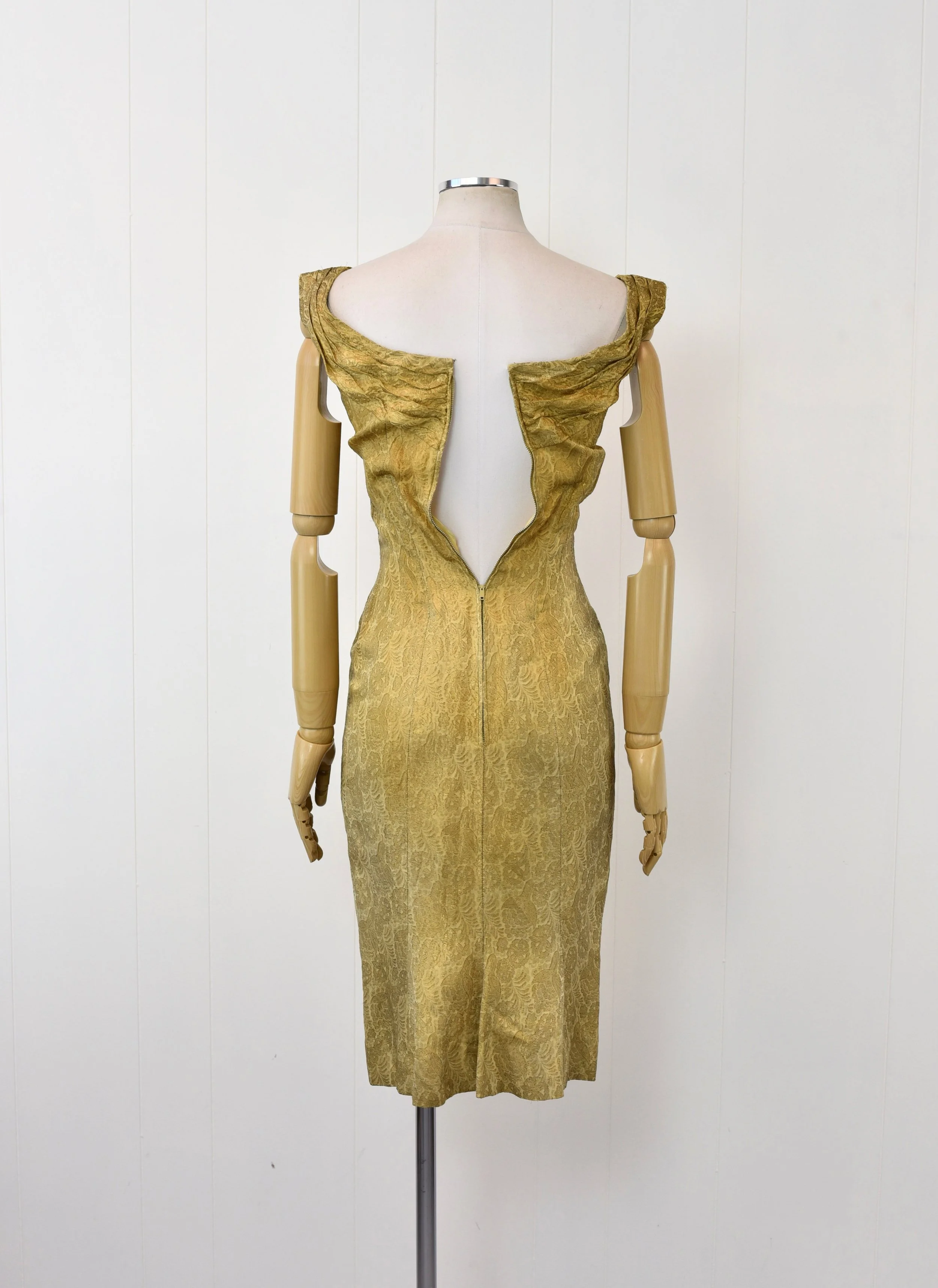 gold wiggle dress 1960s White Sequin Knit Wiggle Dress with Art Deco Gold Beaded Fringe