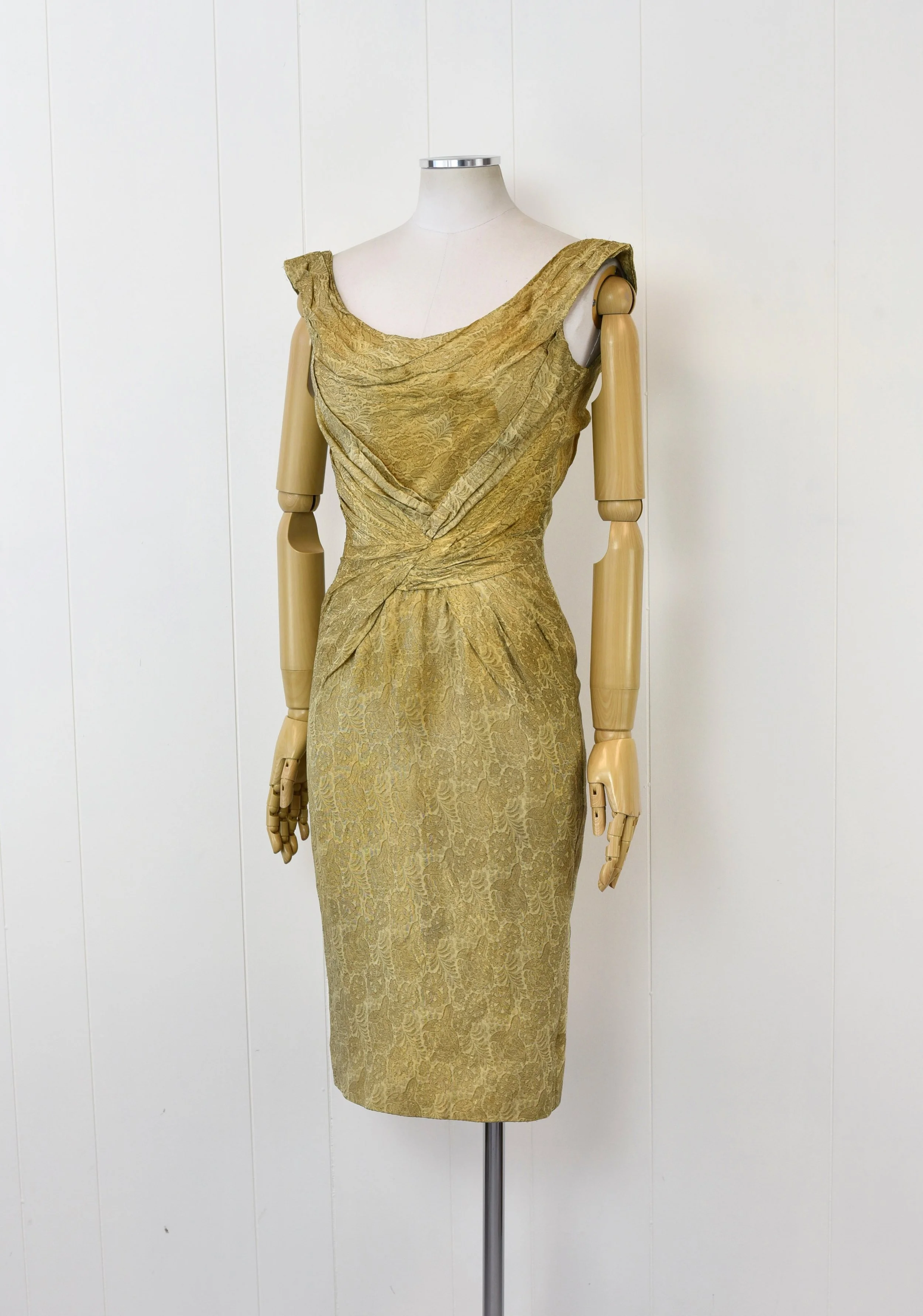 1950s Ceil Chapman Gold Metallic Floral Brocade Marilyn Monroe Pinup Wiggle  Dress Wounded As Is  Canned Ham Vintage