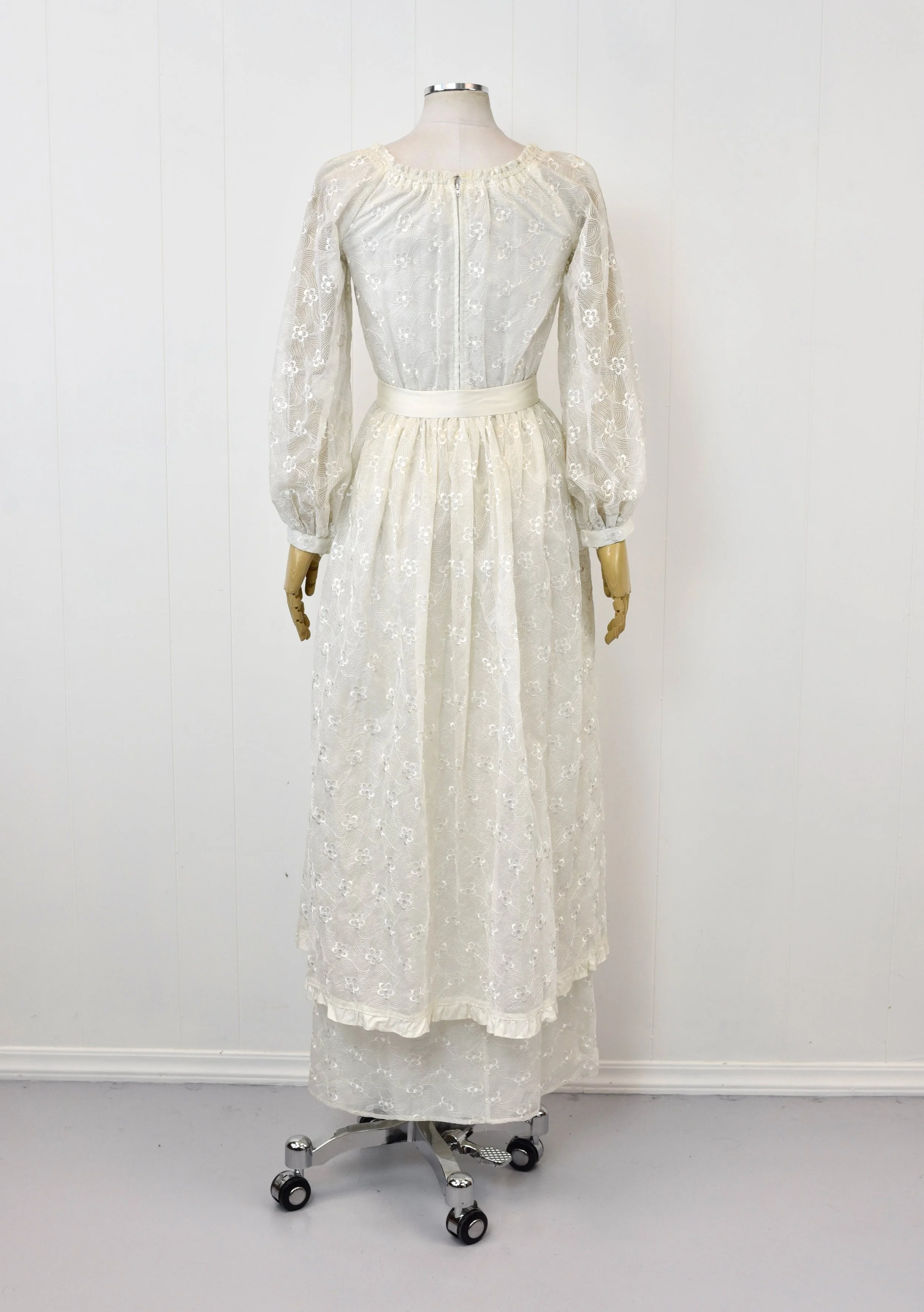 1970s Hanae Mori White Floral Embroidered Balloon Sleeve Sheer Bridal Maxi Dress Gown Apron Set Canned Ham Vintage 1970s Hanae Mori White Floral Embroidered Balloon Sleeve Sheer Bridal Maxi Dress Gown Apron Set Canned Ham Vintage