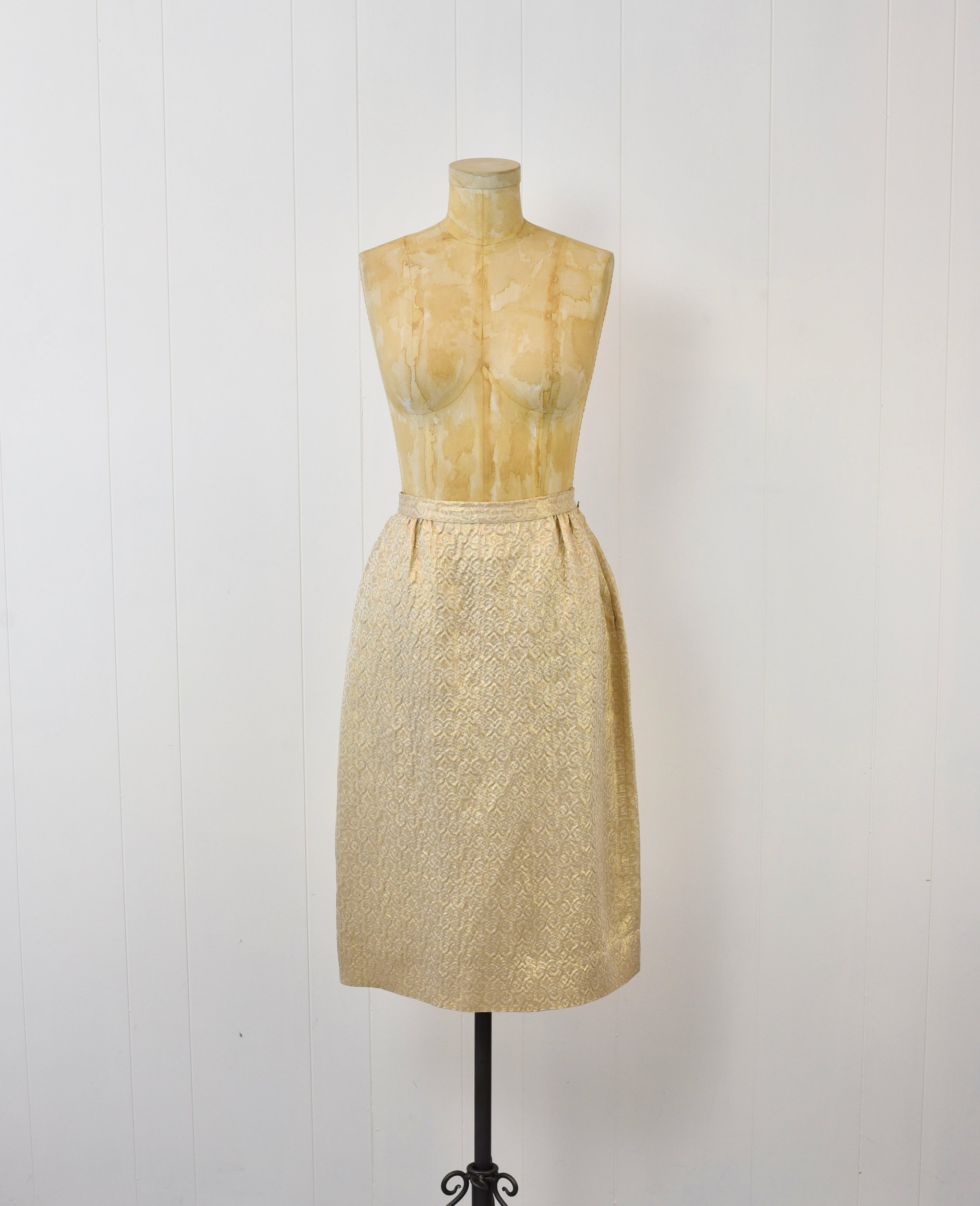 1960s Gold Metallic Brocade Abstract Mad Men Mrs. Maisel Blouse Skirt Two  Piece Matching Suit Set  Canned Ham Vintage