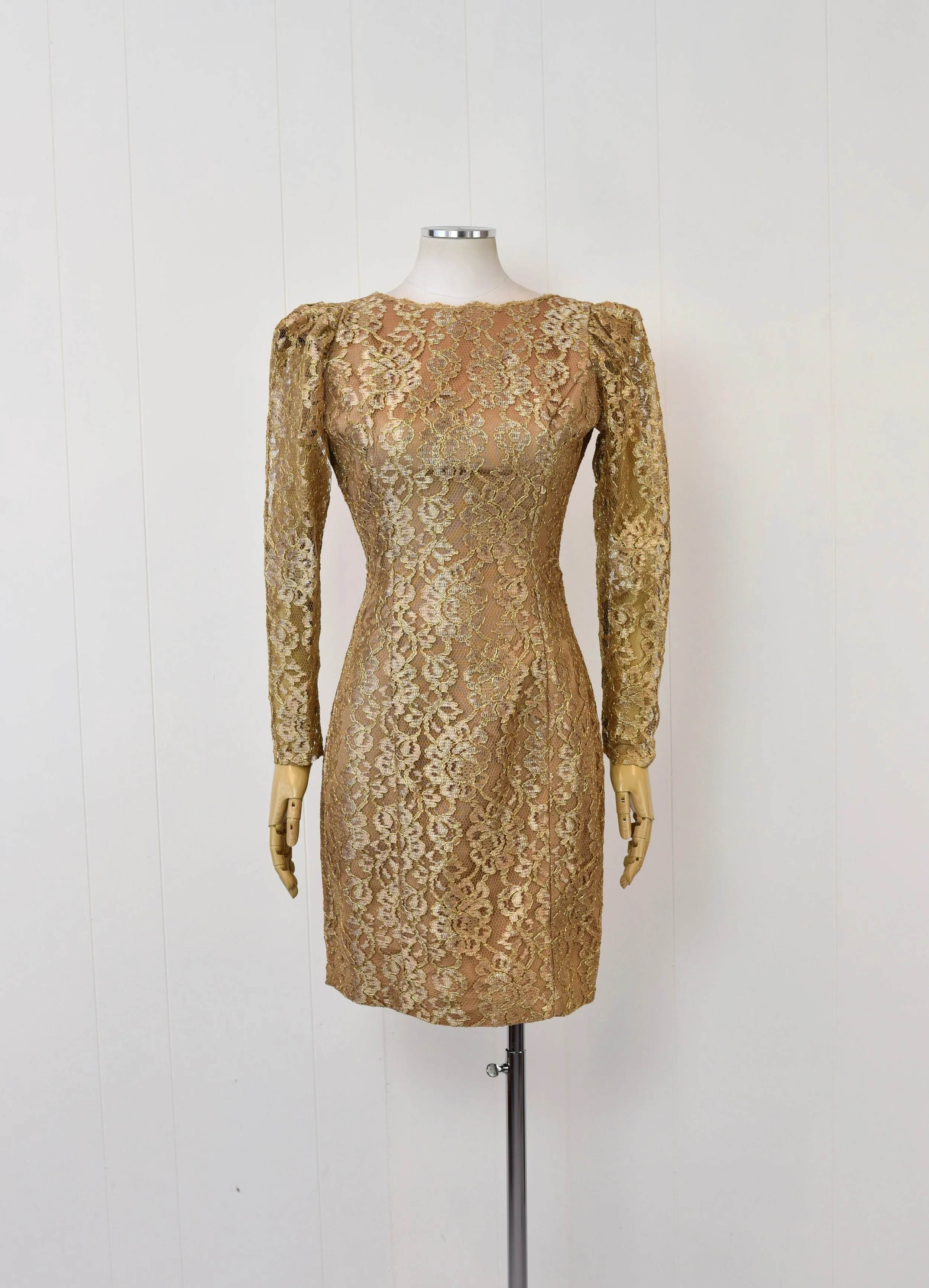 1980s Metallic Gold Beaded Floral Lace Puff Sleeve Fran Fine Ambria Cocktail Party Dress  Canned Ham Vintage
