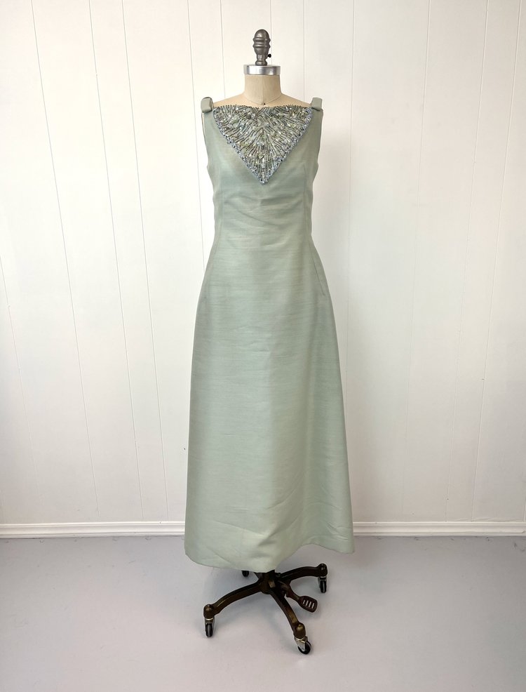 Vintage 1960's Beaded Blue Evening Gown With Rhinestones / 
