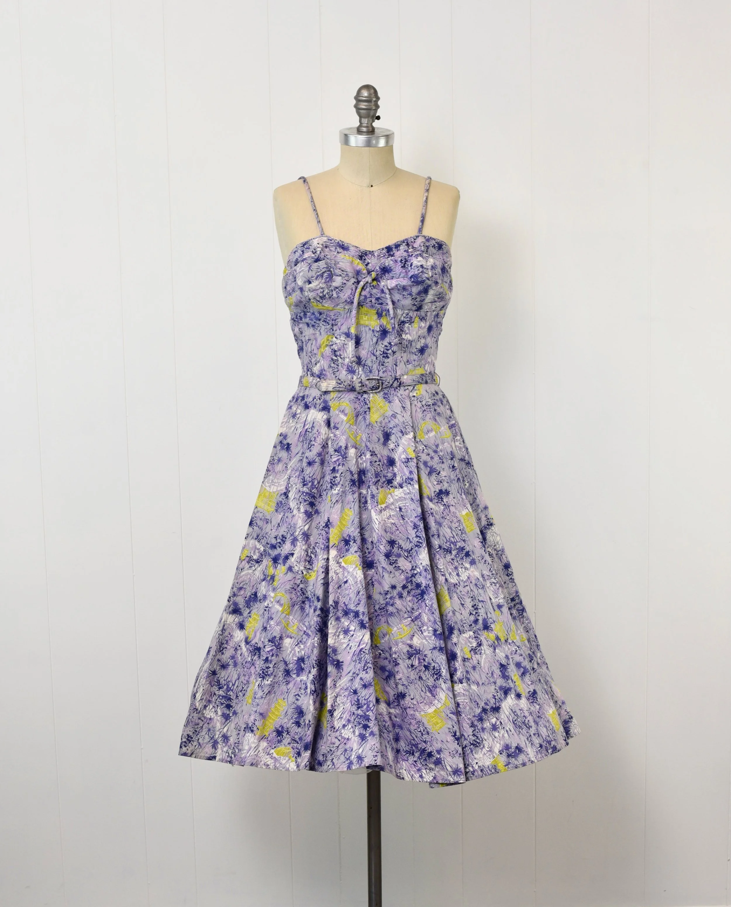 1950s Purple Novelty Print Asian Inspired Chartreuse Colony Casuals of California Pinup Sun Dress  Canned Ham Vintage