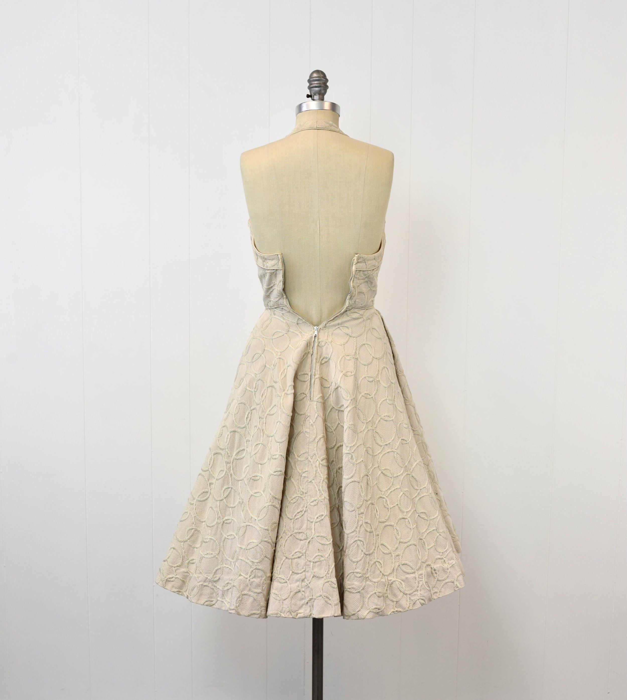 1950s Beige Circle Polka Dot Embroidered Print Madeleine Fauth Saks Fifth Avenue Circle Skirt Pinup Marilyn Monroe Dress  Canned Ham Vintage