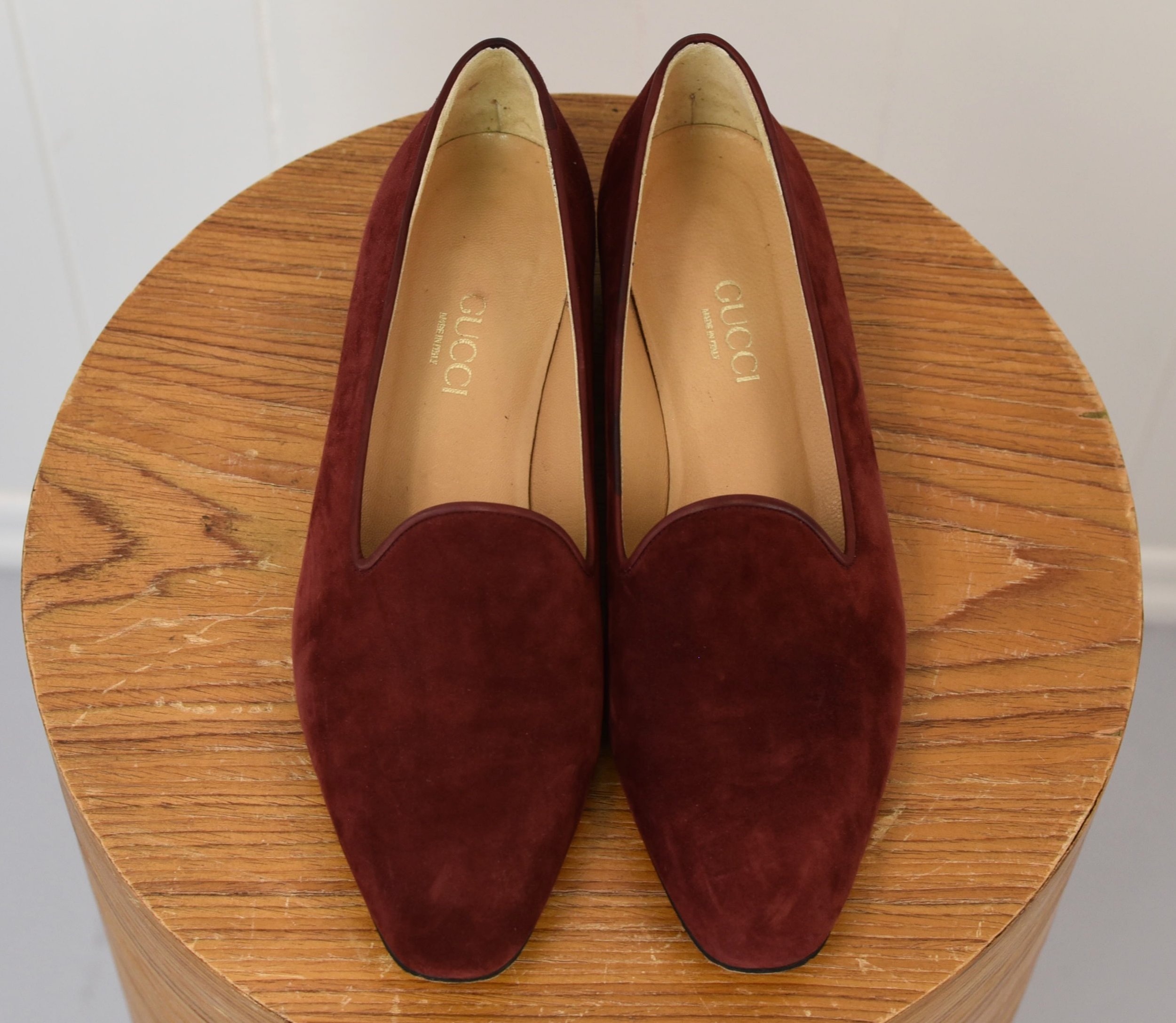 1980s Gucci Suede Leather Maroon Dark Red Loafers Shoes 38.5 