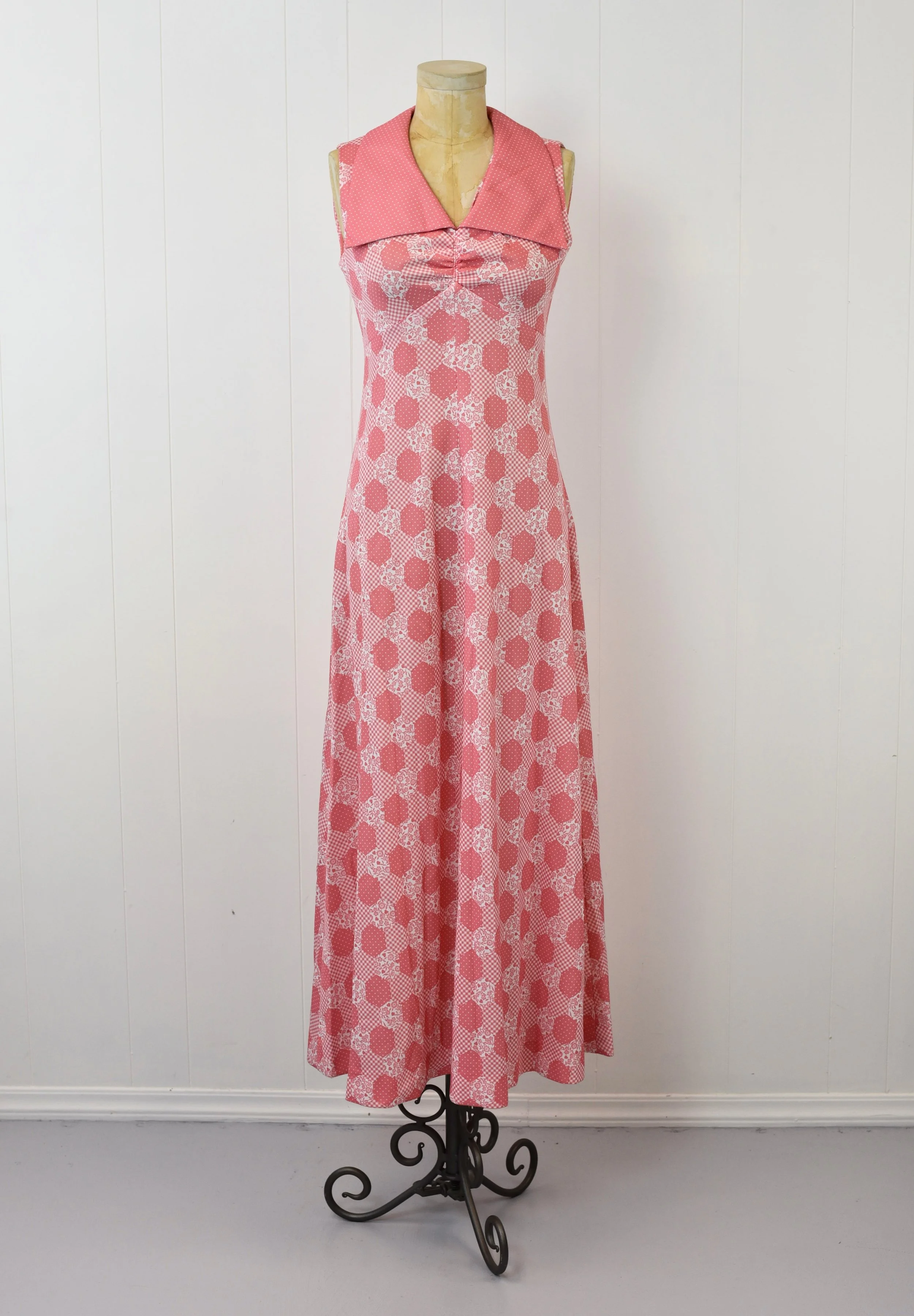 1970s Pink White Polka Dot Floral Gingham Groovy Maxi Dress Gown  Canned Ham Vintage