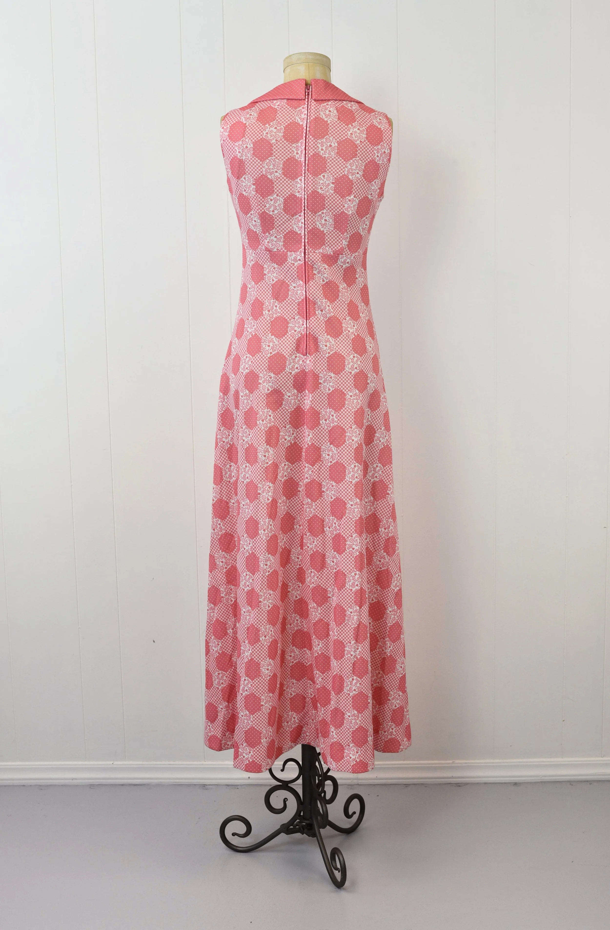 open lace back dress Pink and White Empire Waist Puff Sleeved Polka Dot Maxi Dress Circa 1970s