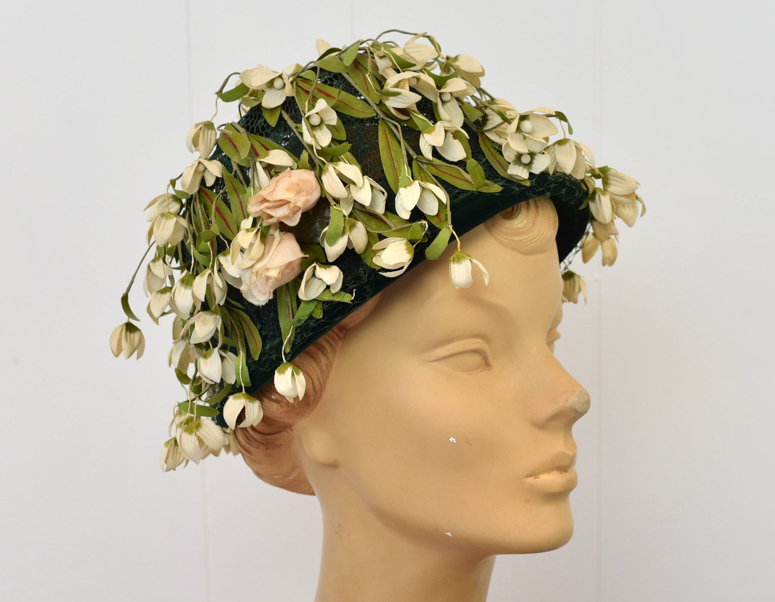 Amy New York Vintage Ivory Multi  Floral Cocktail Hat Union Made USA Size OS Gold 1960s Vintage Hats for Women for sale | eBay main image 3