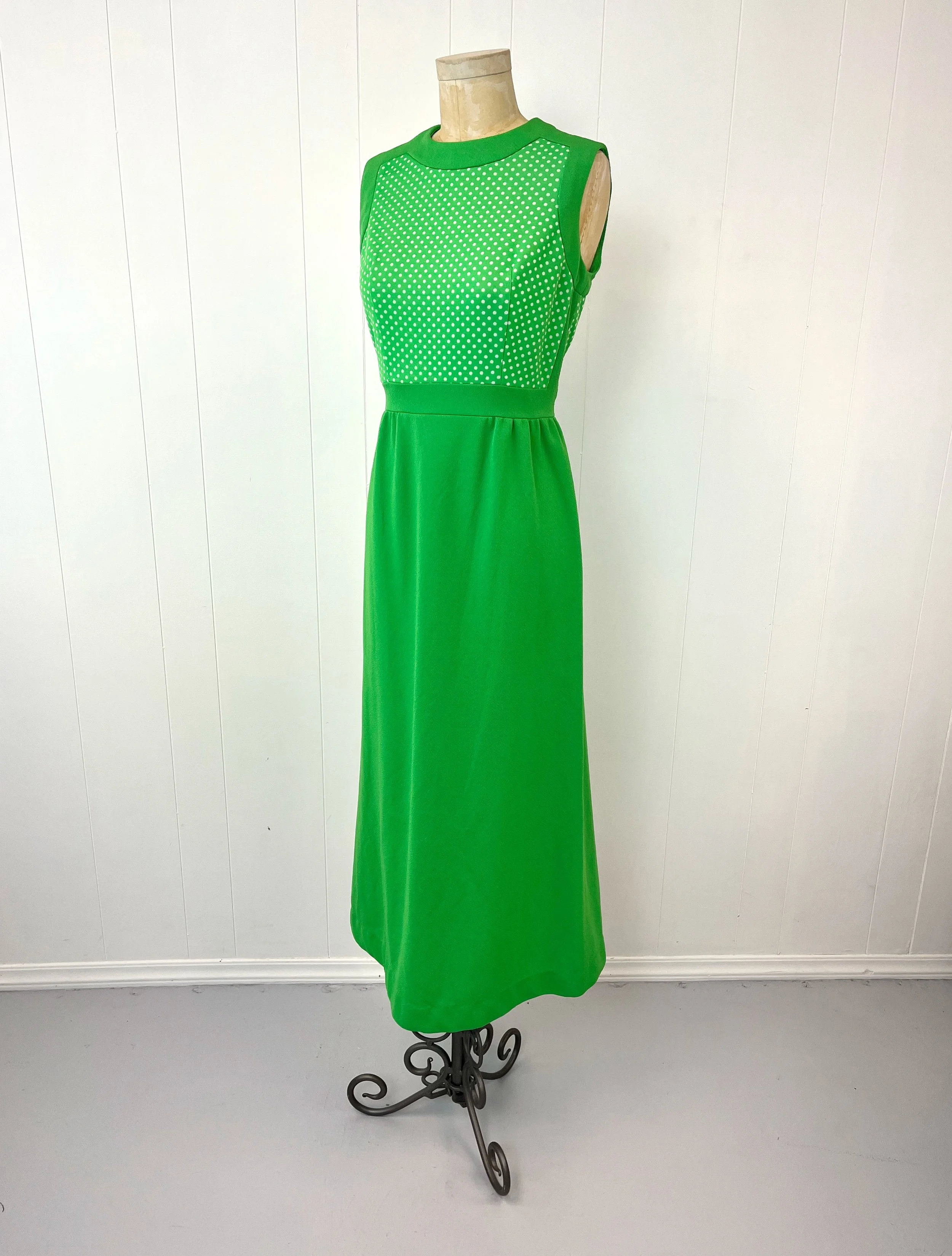 1970s Lime Green Polka Dot Polyester Maxi Dress Gown  Canned Ham Vintage