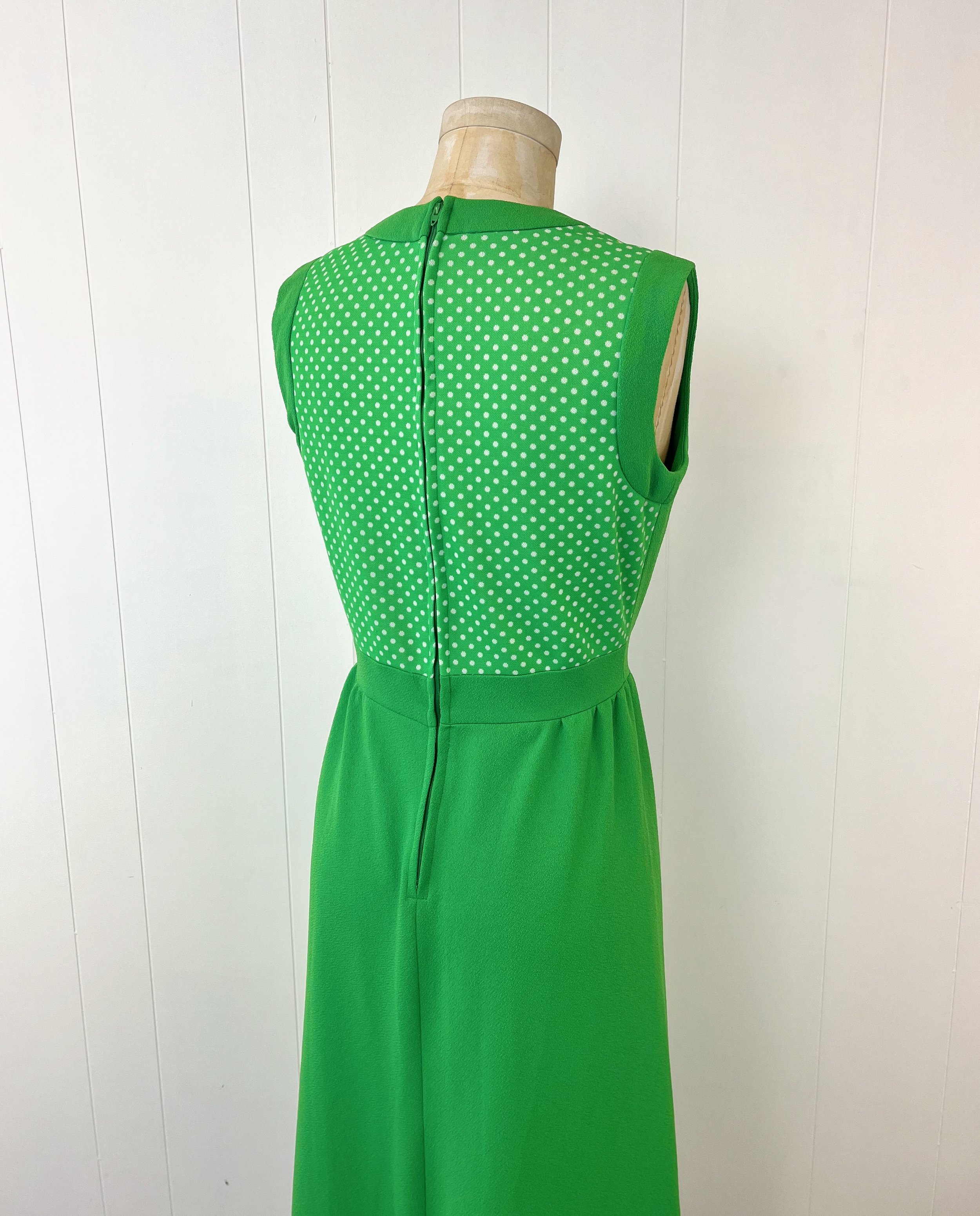 1970s Lime Green Polka Dot Polyester Maxi Dress Gown Canned Ham Vintage 1970s Lime Green Polka Dot Polyester Maxi Dress Gown Canned Ham Vintage