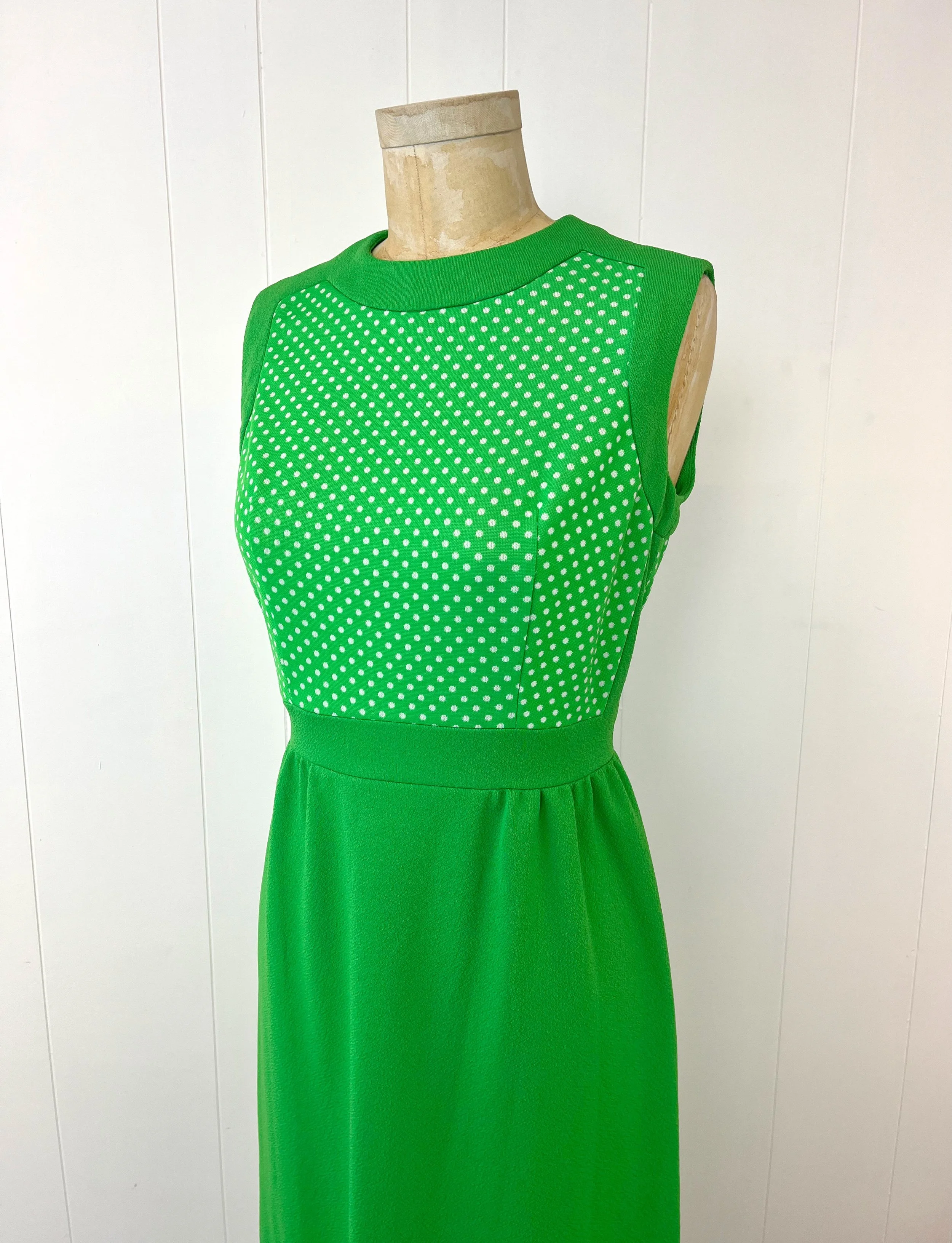 1970s Lime Green Polka Dot Polyester Maxi Dress Gown  Canned Ham Vintage
