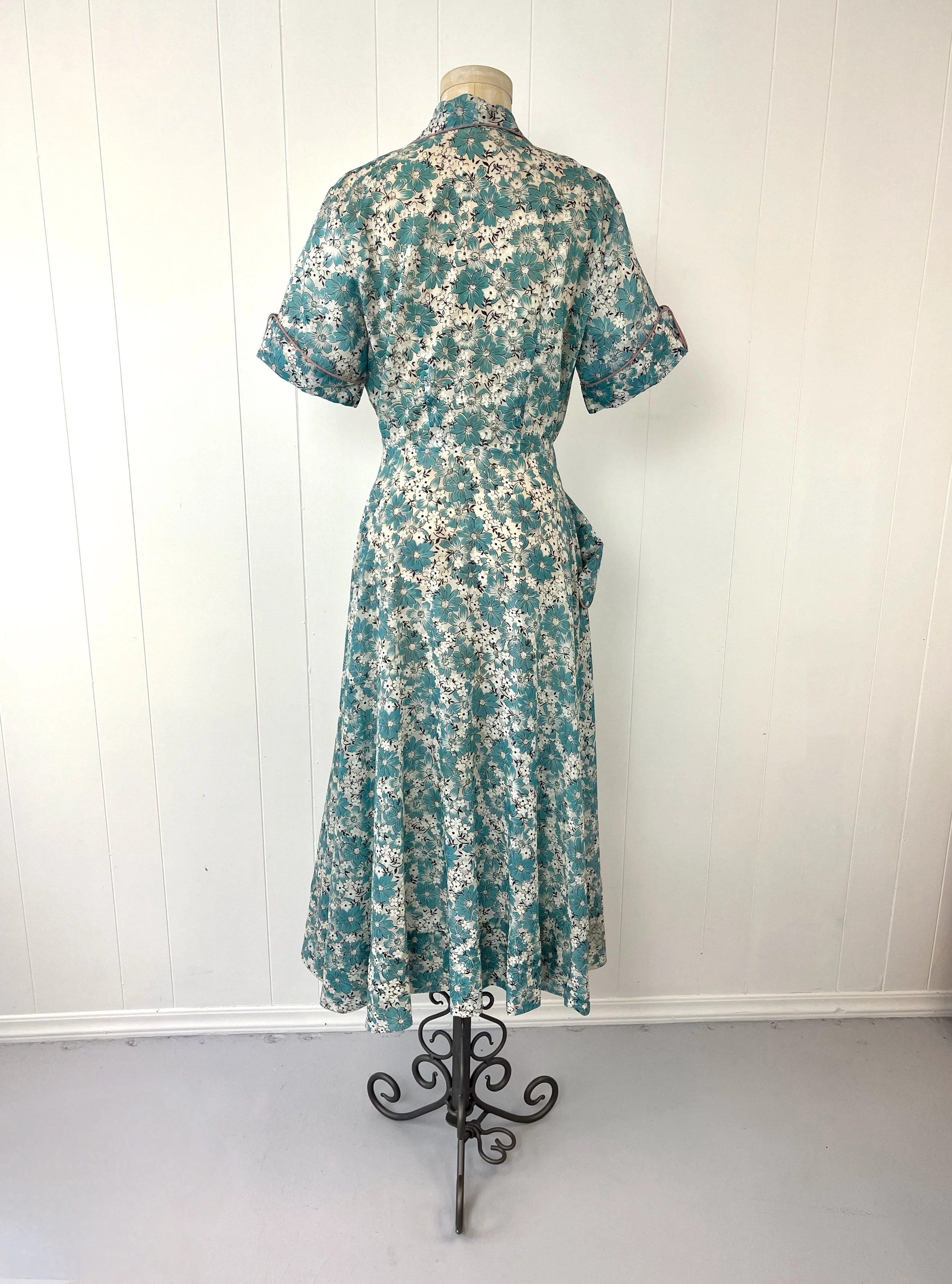 1940s/1950s Blue Floral Print Semi Sheer Wrap House Pinup Mid Century Dress   Canned Ham Vintage