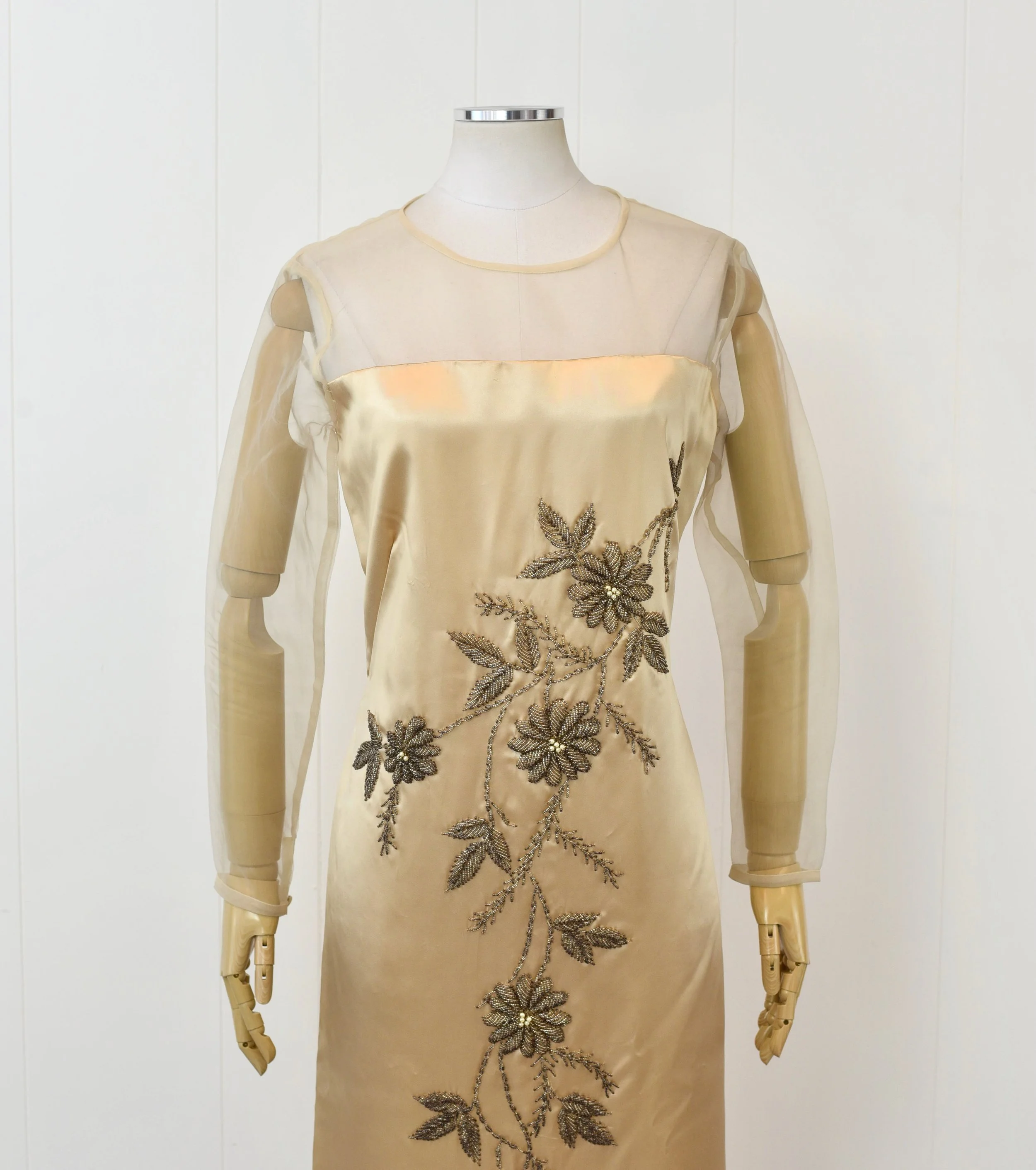 1960s Champagne Tan Beaded Floral Satin Sheer Party Gown Dress  Canned Ham  Vintage