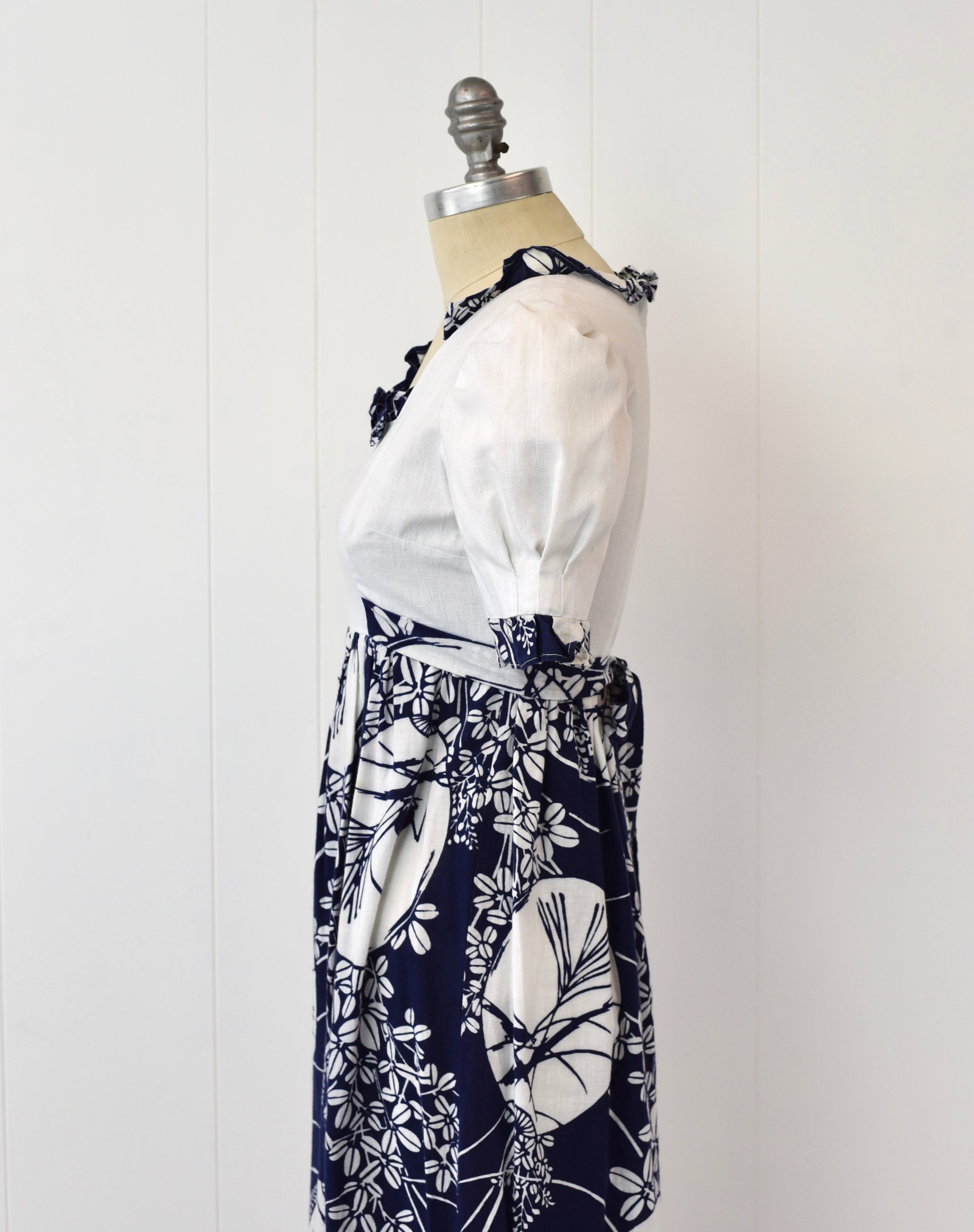 1960s Hawaiian Blue White Floral Ruffle Empire Waist Maxi Tiki Dress Gown  Canned Ham Vintage