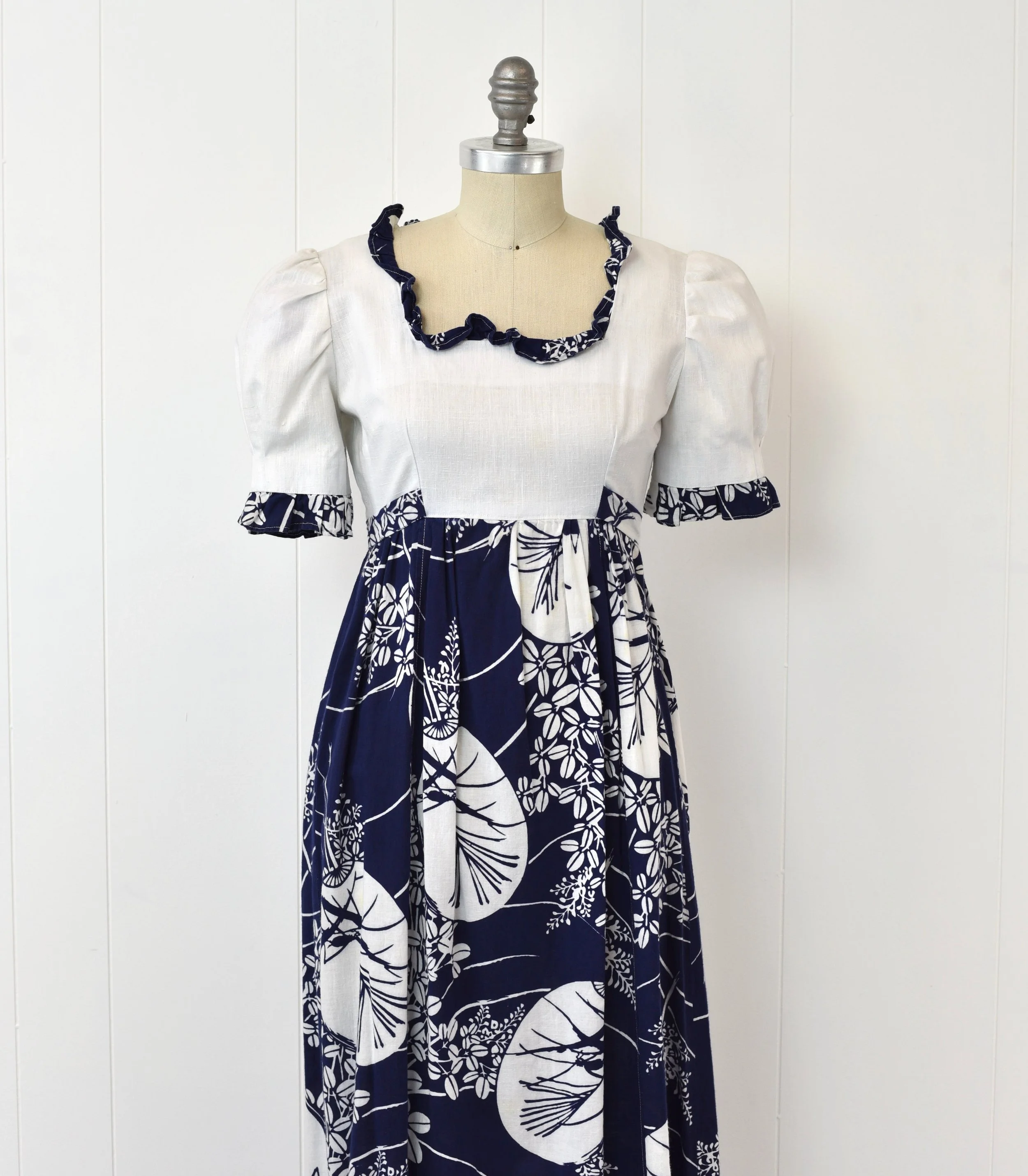 1960s Hawaiian Blue White Floral Ruffle Empire Waist Maxi Tiki Dress Gown Canned Ham Vintage 1960s Hawaiian Blue White Floral Ruffle Empire Waist Maxi Tiki Dress Gown Canned Ham Vintage