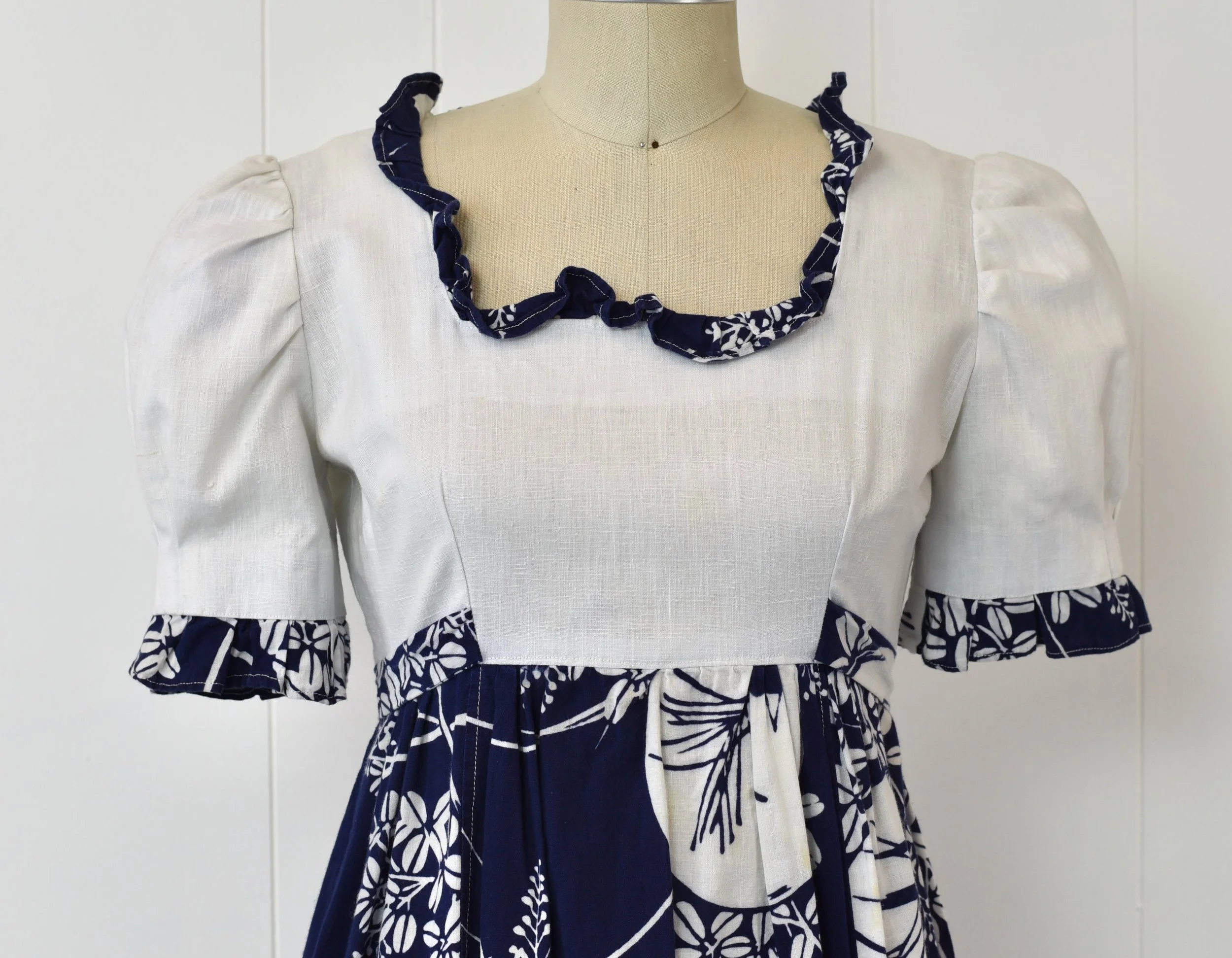 1960s Hawaiian Blue White Floral Ruffle Empire Waist Maxi Tiki Dress Gown Canned Ham Vintage 1960s Hawaiian Blue White Floral Ruffle Empire Waist Maxi Tiki Dress Gown Canned Ham Vintage