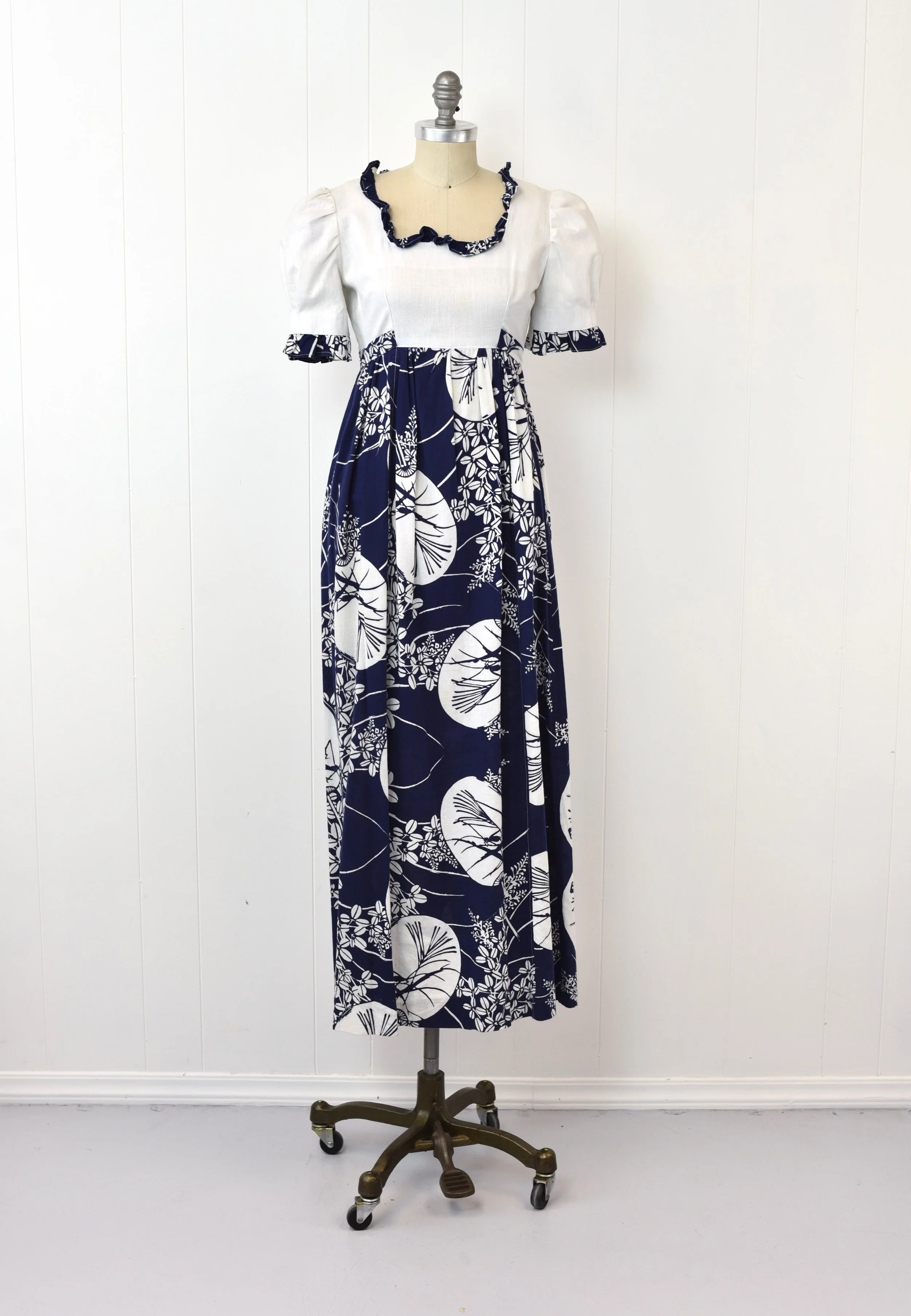 1960s Hawaiian Blue White Floral Ruffle Empire Waist Maxi Tiki Dress Gown Canned Ham Vintage 1960s Hawaiian Blue White Floral Ruffle Empire Waist Maxi Tiki Dress Gown Canned Ham Vintage