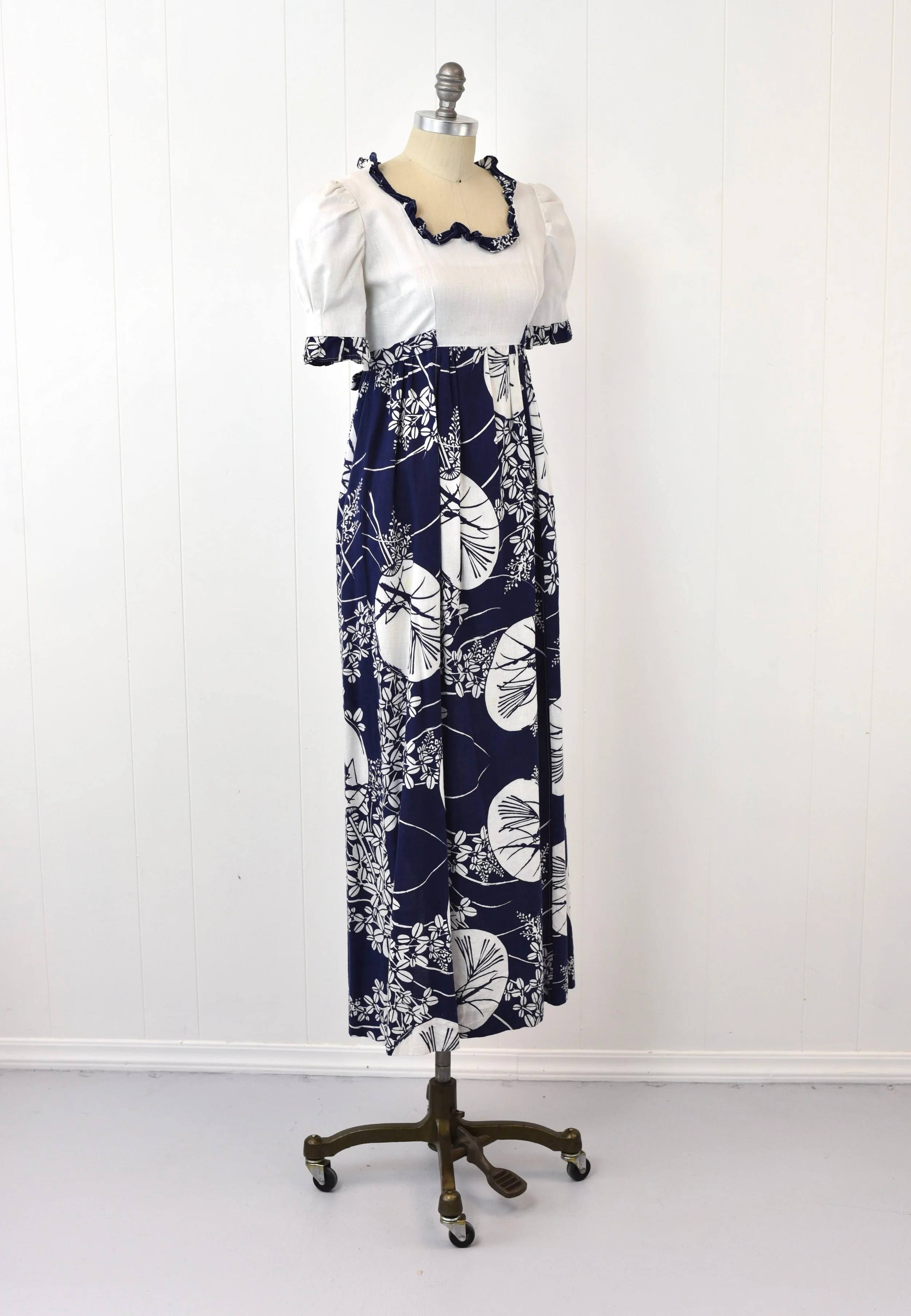 1960s Hawaiian Blue White Floral Ruffle Empire Waist Maxi Tiki Dress Gown   Canned Ham Vintage