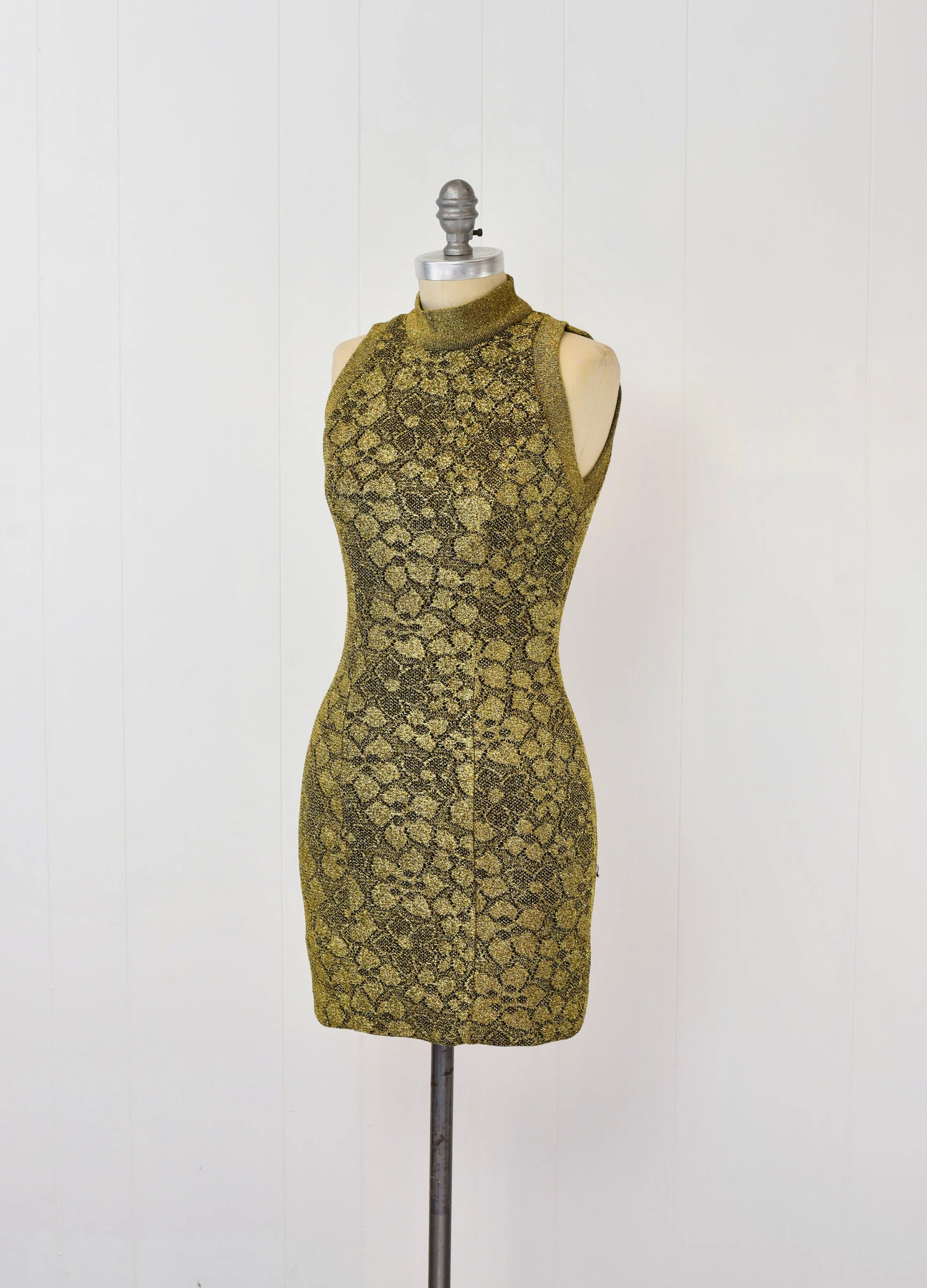 1980s Climax Karen Okada Metallic Gold Black Floral Open Back Mini Party Dress  Canned Ham Vintage