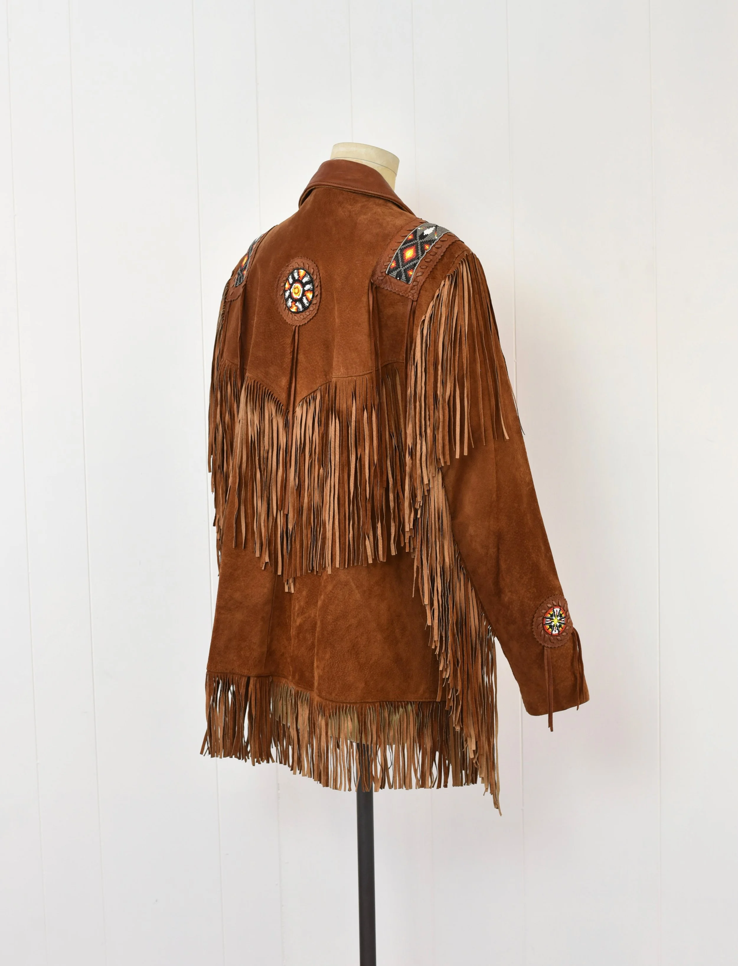 1970s/1980s Brown Suede Leather Beaded Fringe Lariat Western 