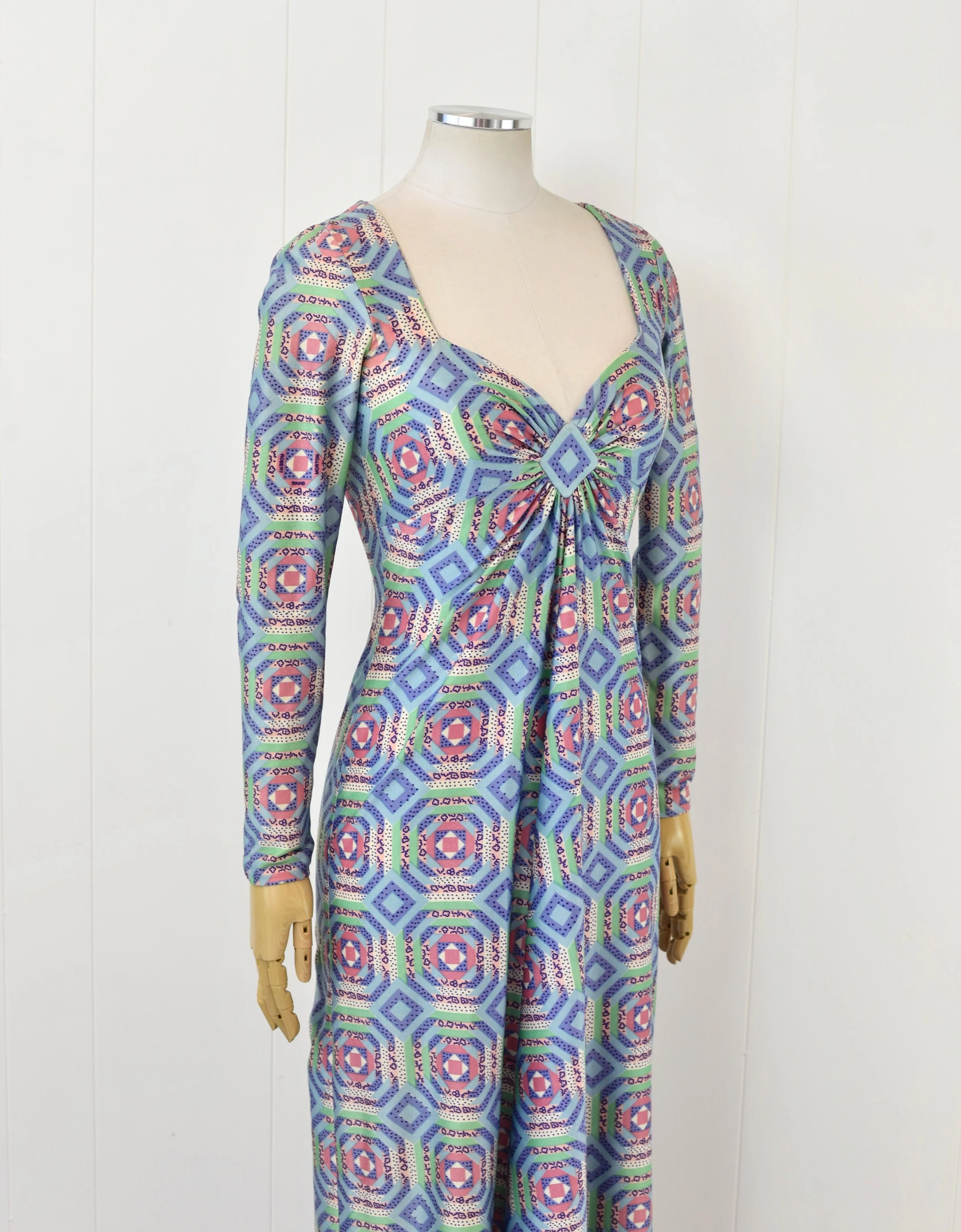 1970s Robert David Morton Bergdorf Goodman Blue Green Psychedelic Pattern  Sweetheart Maxi Dress Gown  Canned Ham Vintage