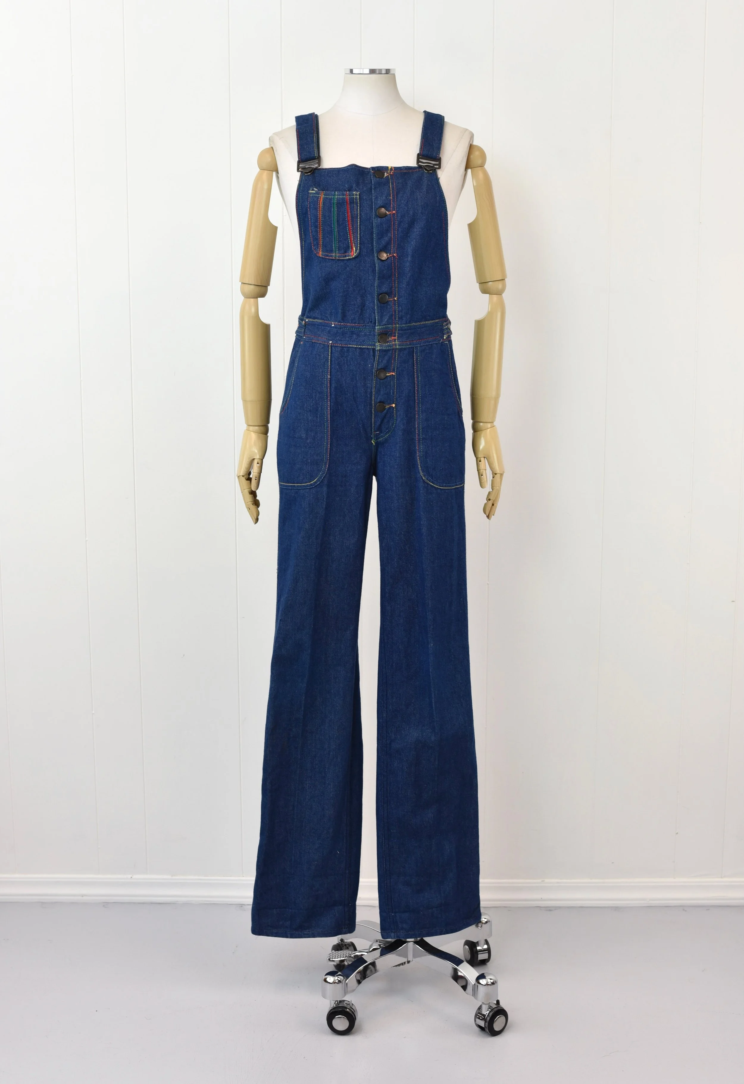 1980s Fredericks of Hollywood Rainbow Blue Denim Cotton Overalls