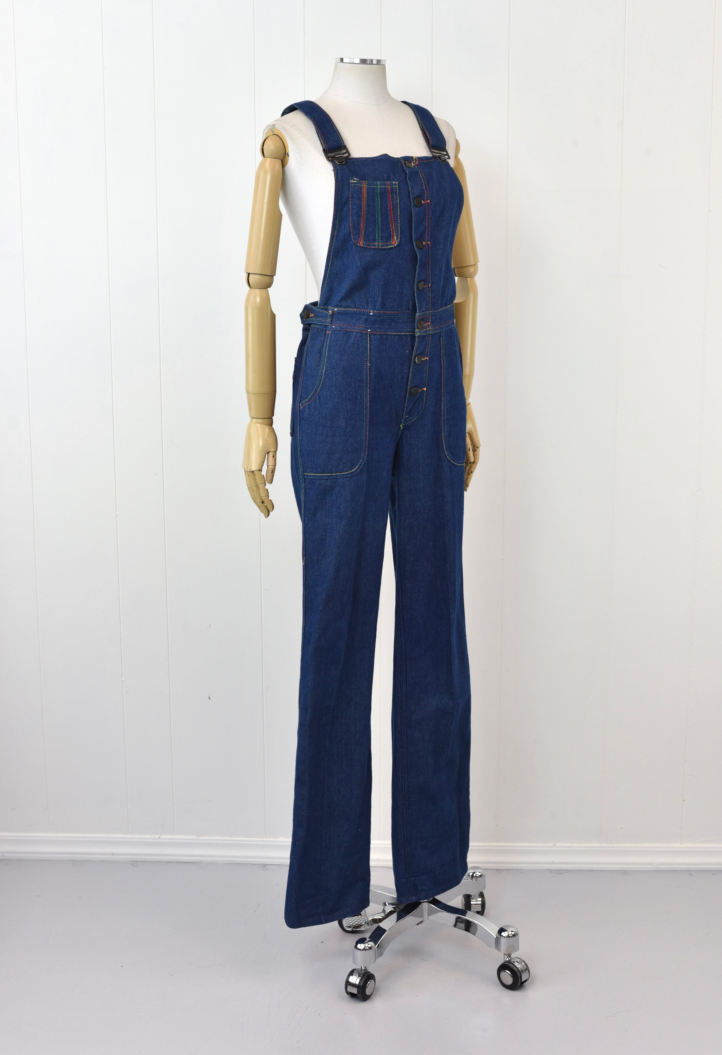 1980s Fredericks of Hollywood Rainbow Blue Denim Cotton Overalls
