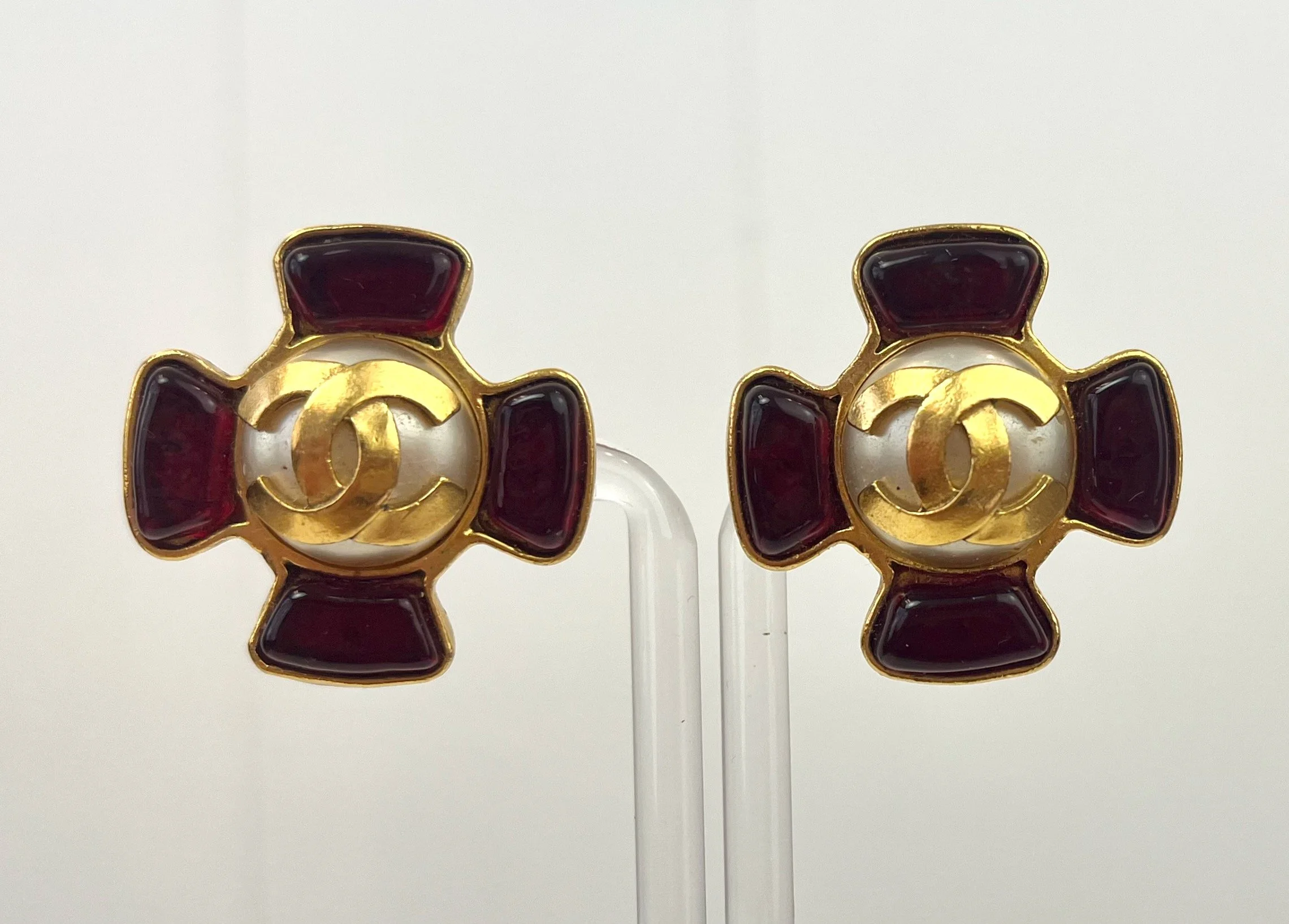 RARE 1995 Chanel Gripoix Red Glass Pearl Gold Interlocking C Logo