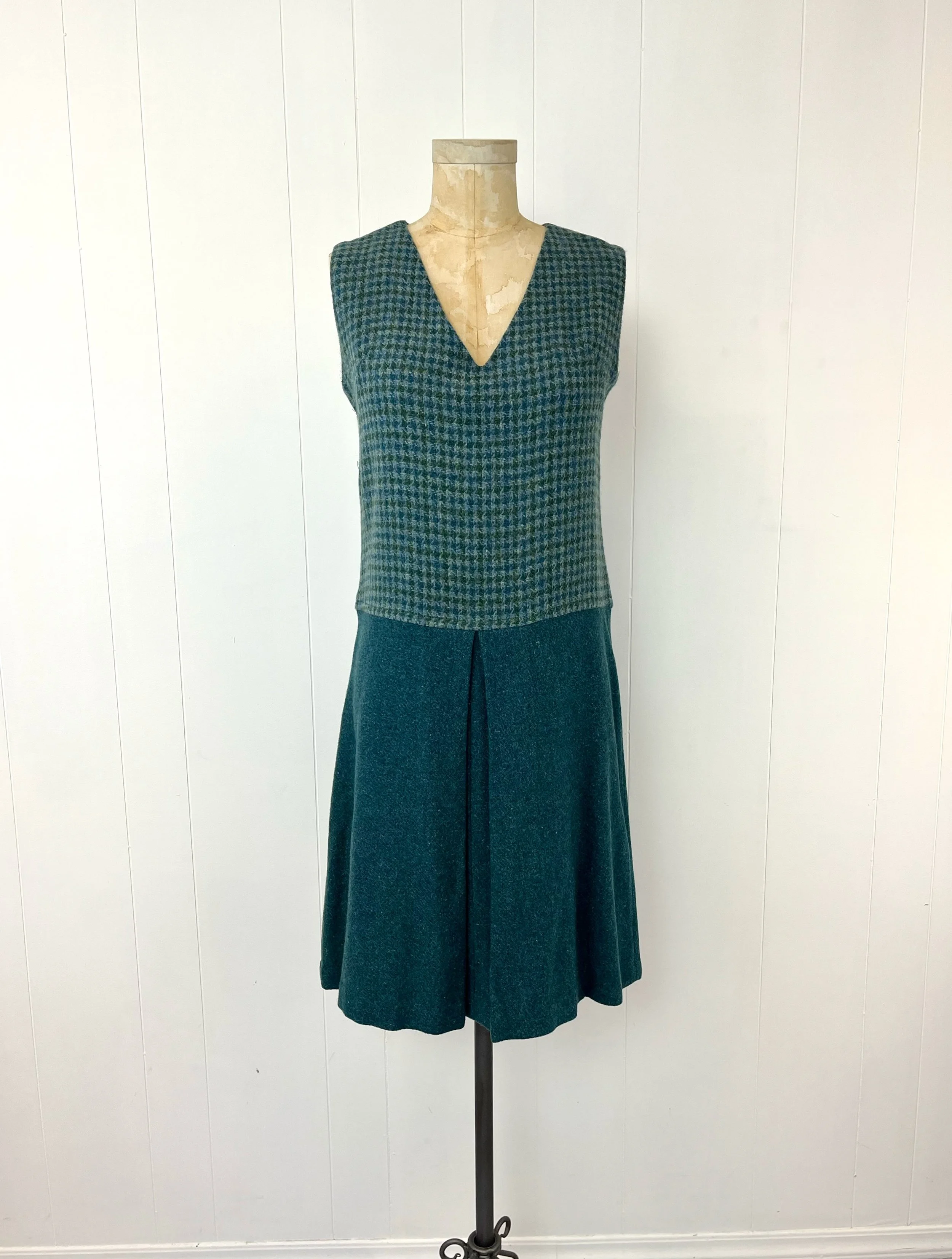 1960s Blue Green Houndstooth Plaid Wool Shift Drop Waist Mod Hand Made Dress  Canned Ham Vintage
