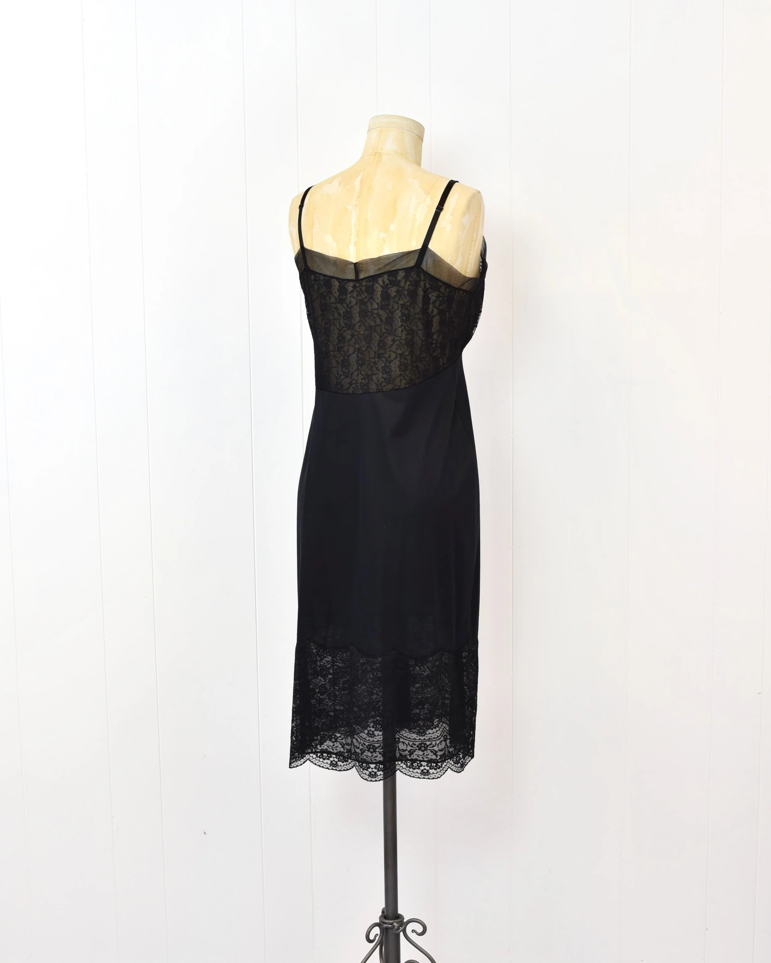 1950s Black Lace Nylon Sheer Pinup Slip Dress Boudoir Lingerie