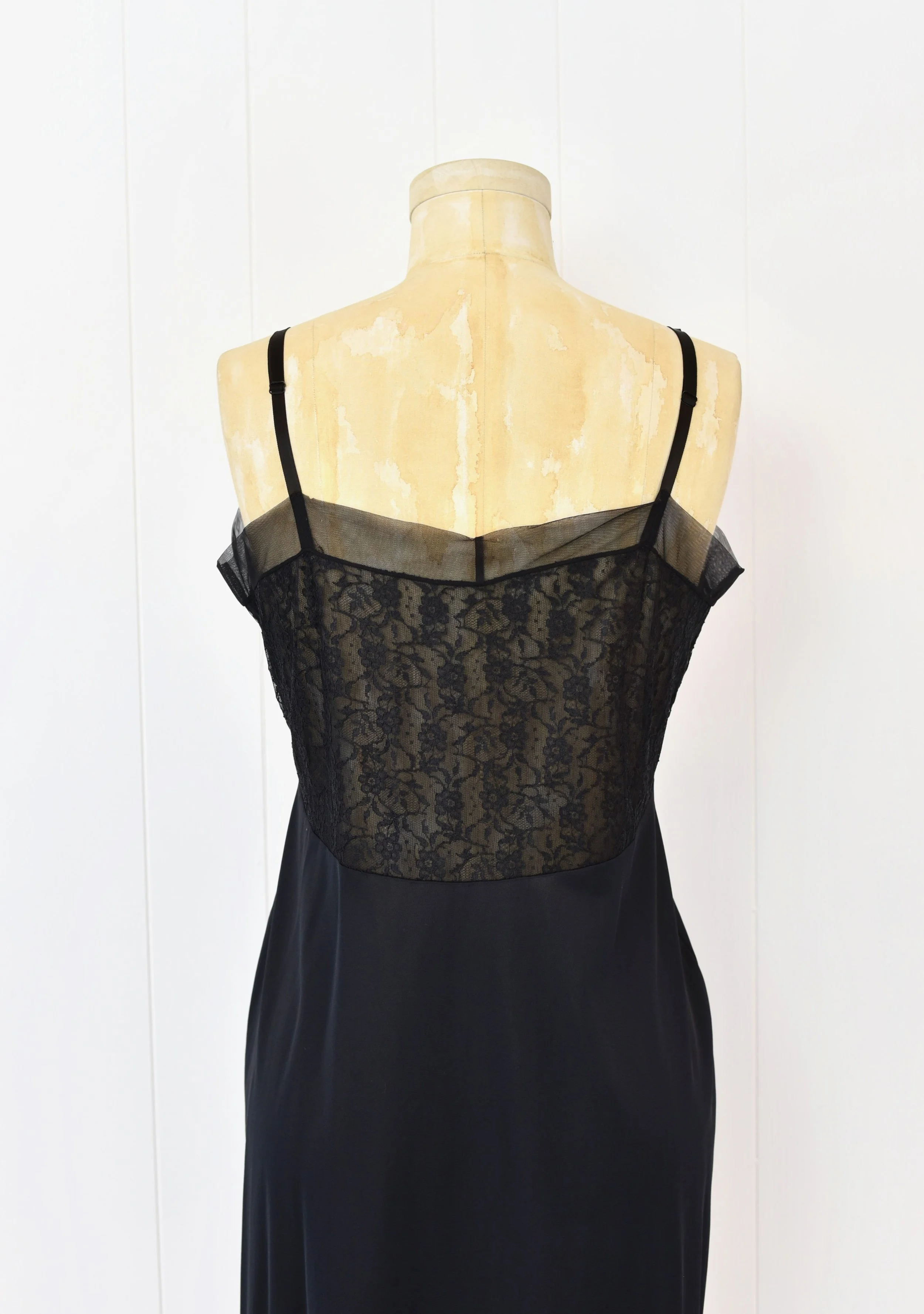 black vintage slip dress Incredible 1940's Sheer Lace / Sz M Xtabay Vintage 33 (Adjustable)Waist (Measured Flat / Double) Vintage Black Satin Slip Dress