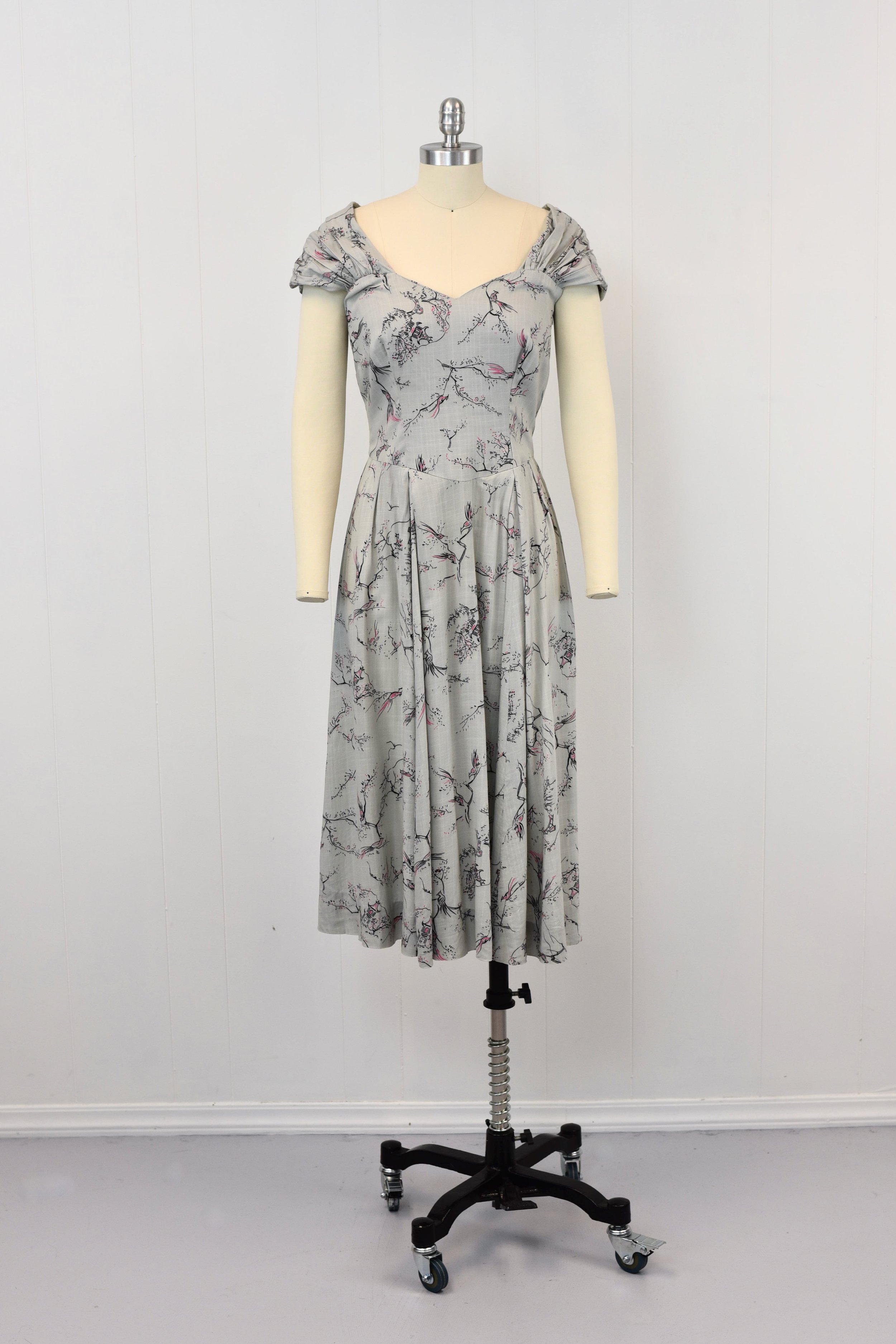 grey bird dress 1950s Bird Pagoda Novelty Print Gray Pink Cape Back Custom Made Pinup Dress  — Canned Ham Vintage