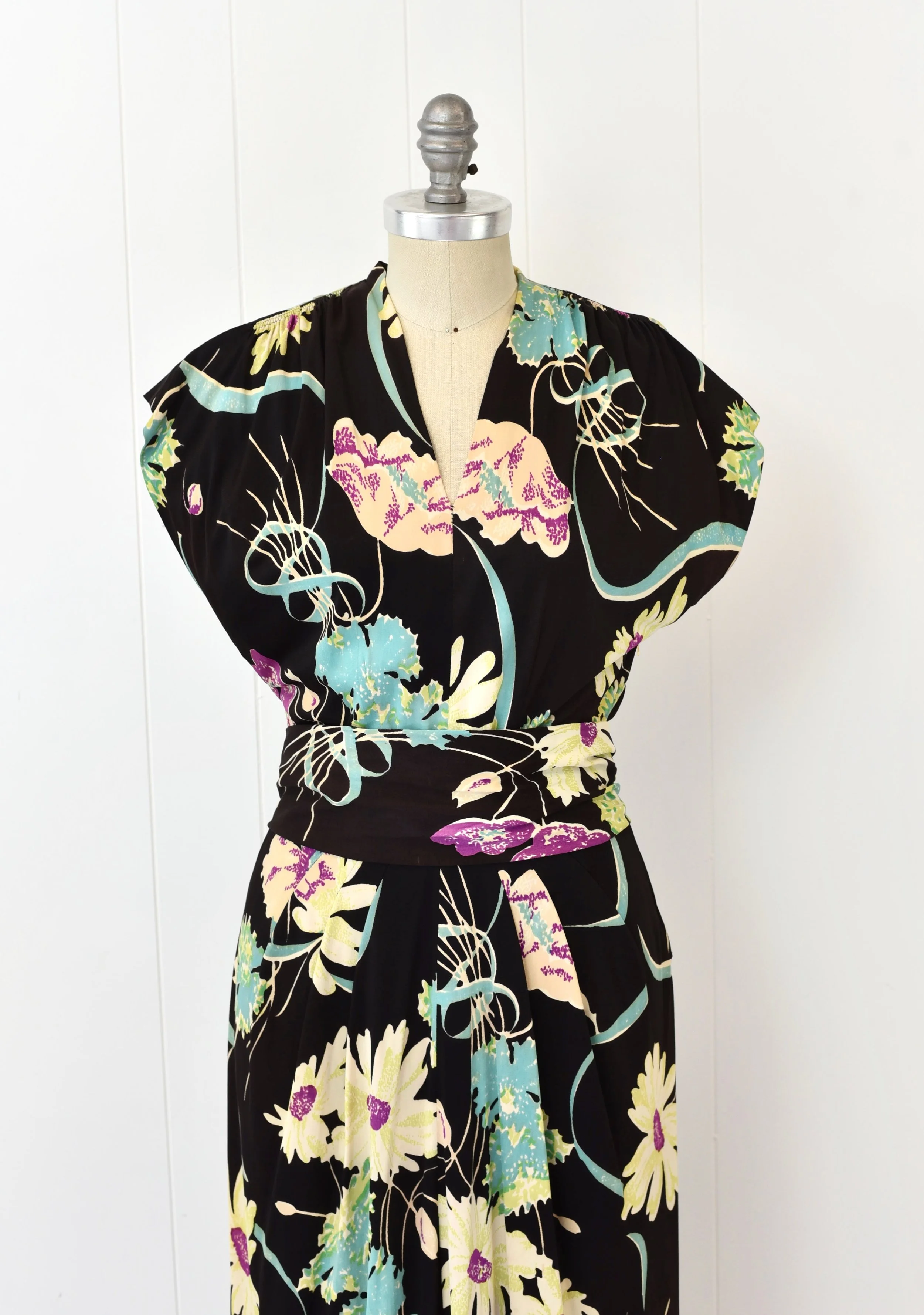 1940s Dark Floral Bouquet Colorful Nylon Belted Femme Fatale Maxi Dress Gown   Canned Ham Vintage