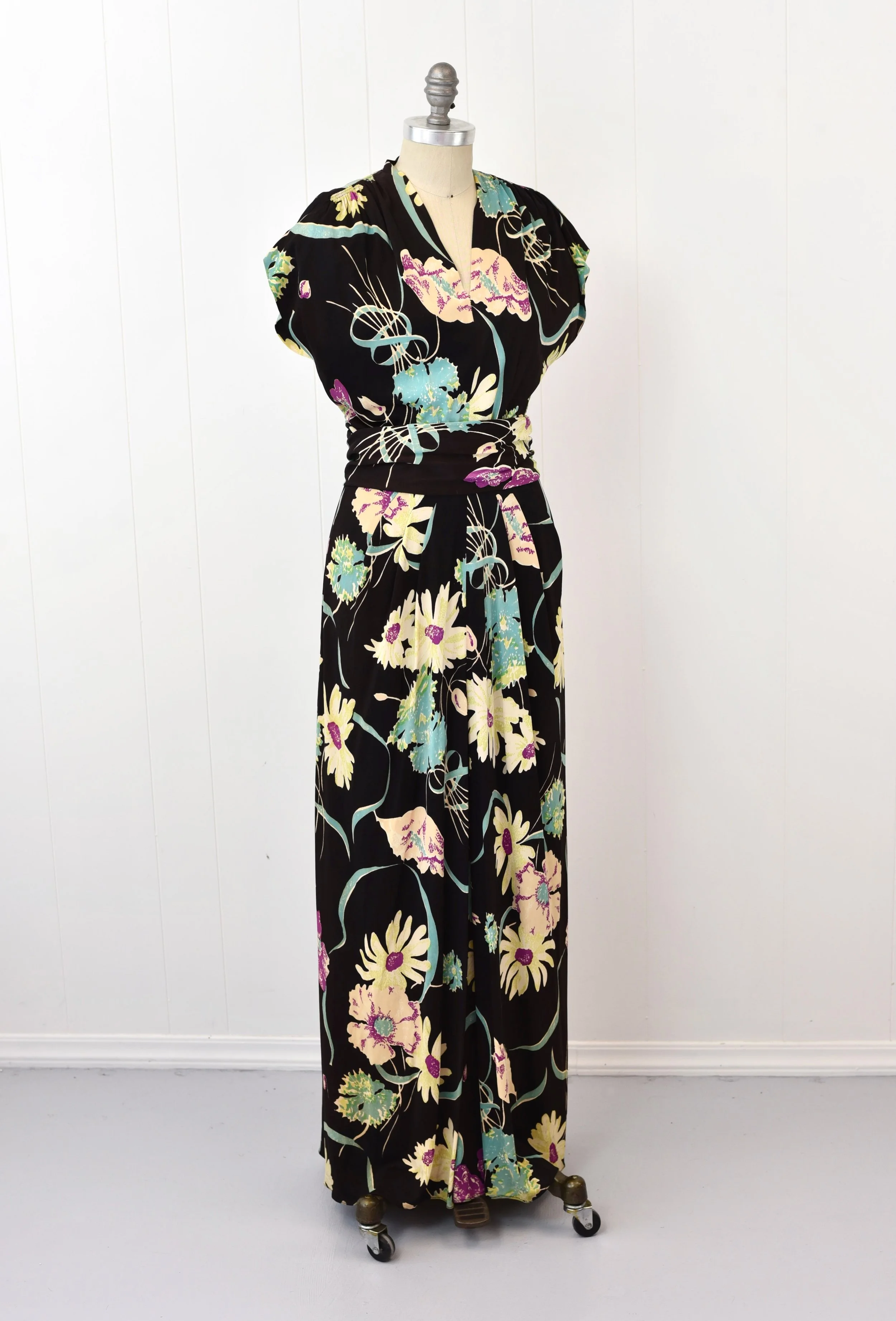 1940s Dark Floral Bouquet Colorful Nylon Belted Femme Fatale Maxi Dress Gown  Canned Ham Vintage
