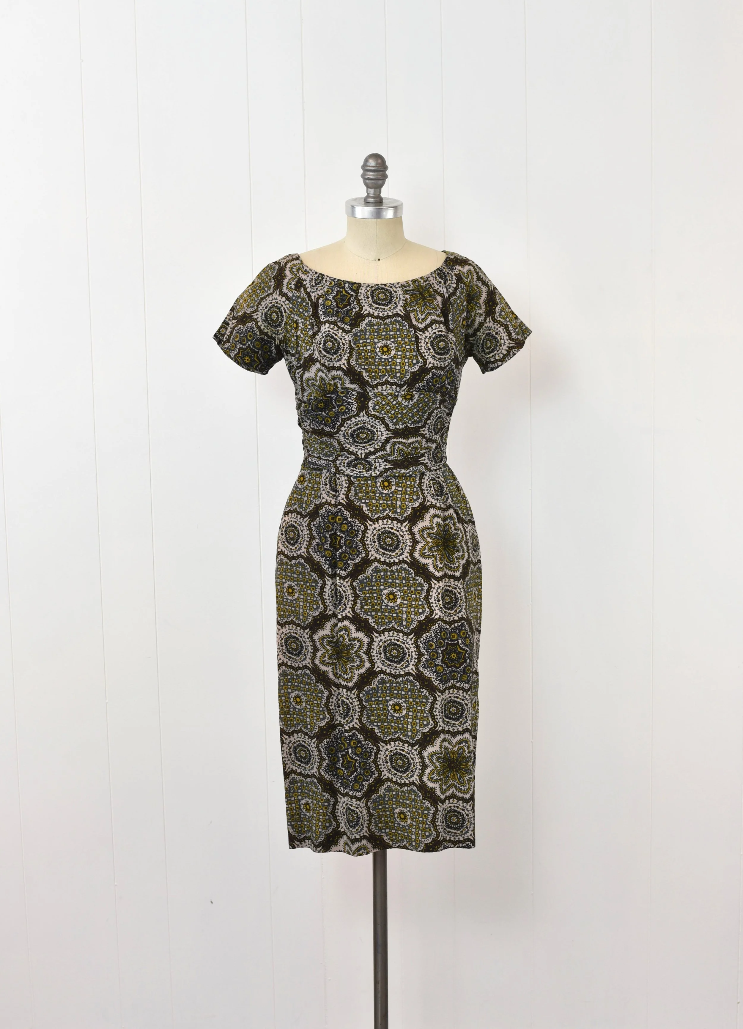 1950s Floral Brown Yellow Ethnic Print Joan Miller Mid Century Pinup Wiggle Pencil Dress  Canned Ham Vintage