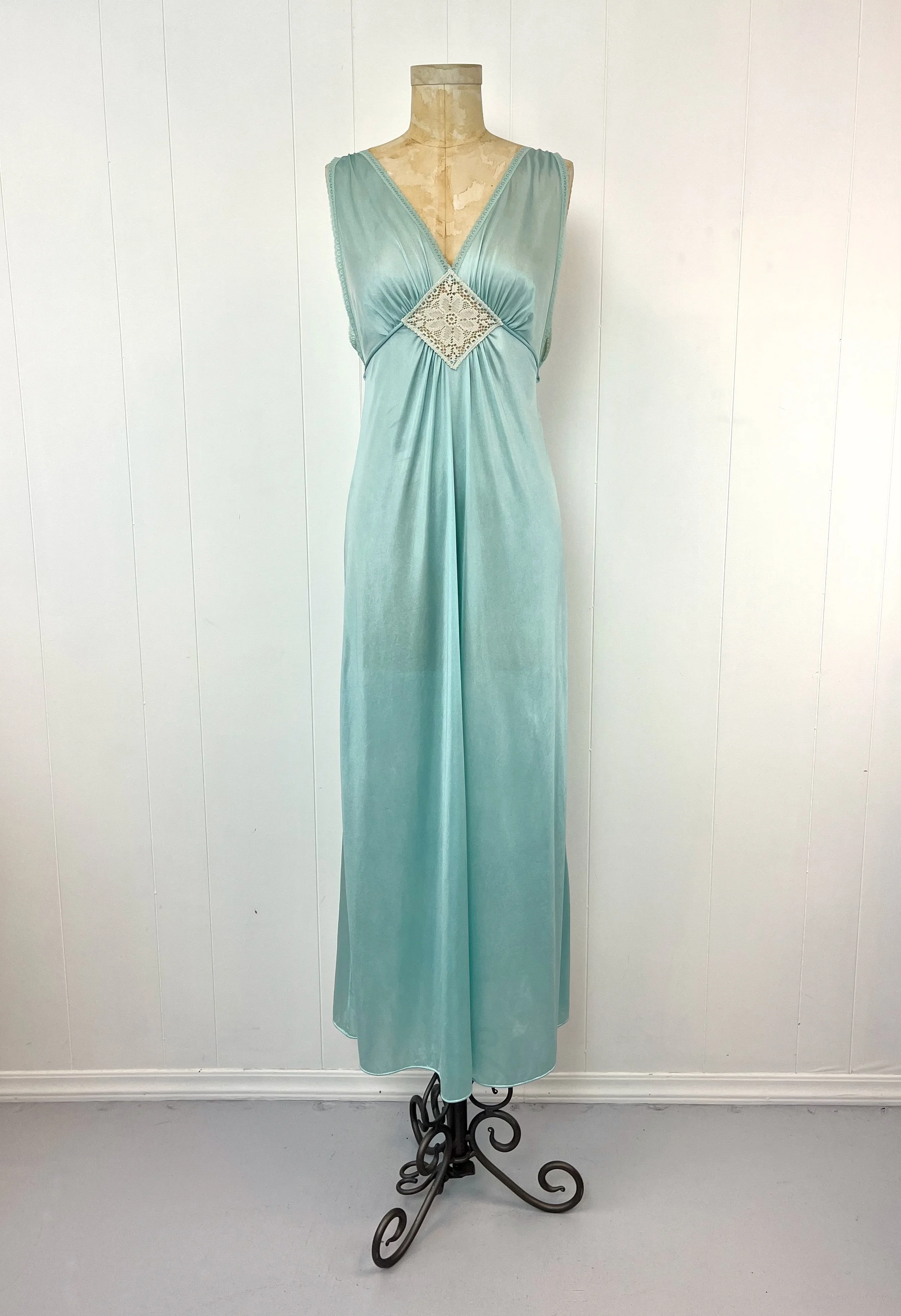 1970s Blue Lace Midriff Gilead Nylon Boudoir Lingerie Nightgown Maxi Dress   Canned Ham Vintage
