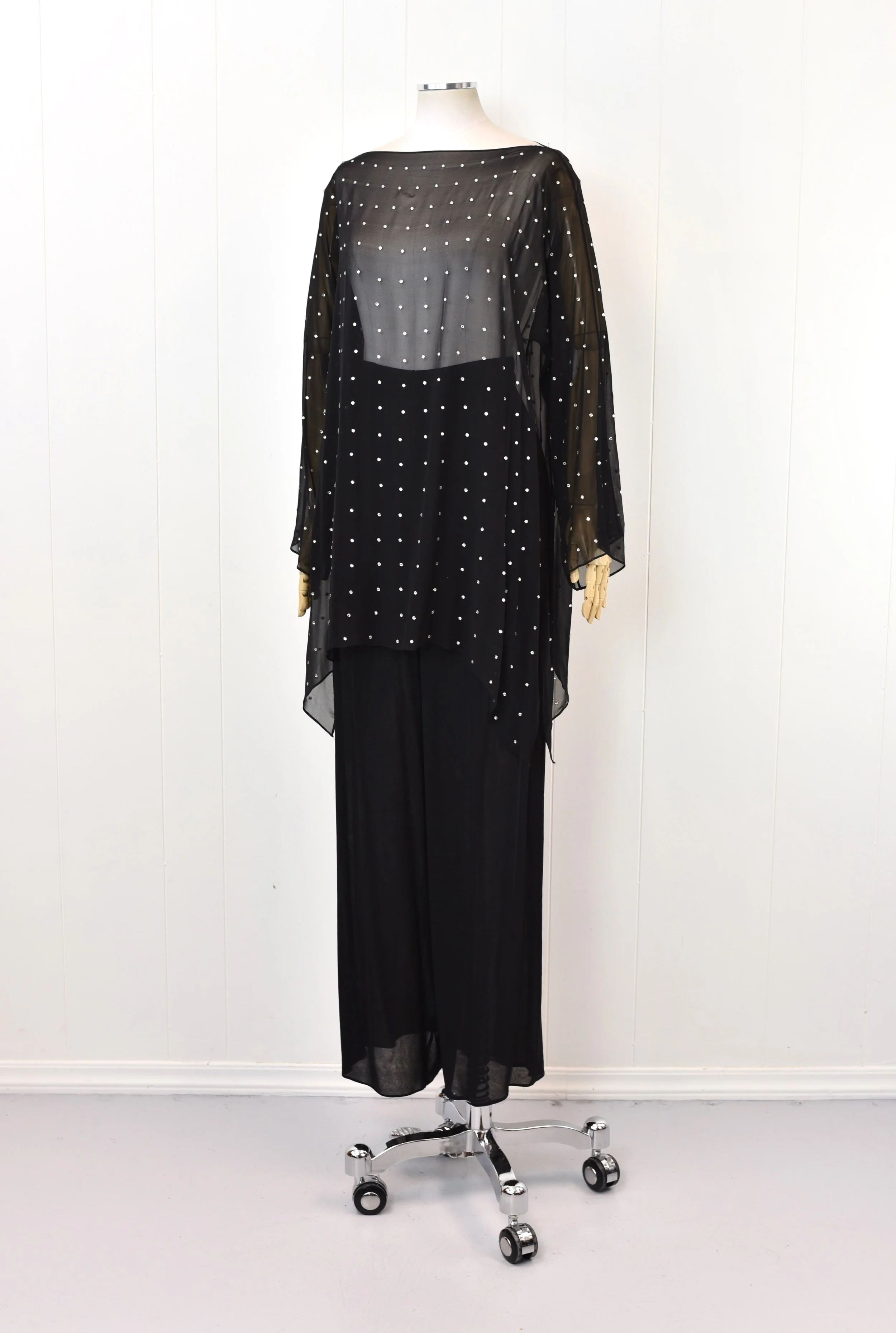 1980s Rhinestone Black Chiffon Sheer Tom & Linda Platt Blouse Pants Two Piece Set Canned Ham Vintage 1980s Rhinestone Black Chiffon Sheer Tom & Linda Platt Blouse Pants Two Piece Set Canned Ham Vintage