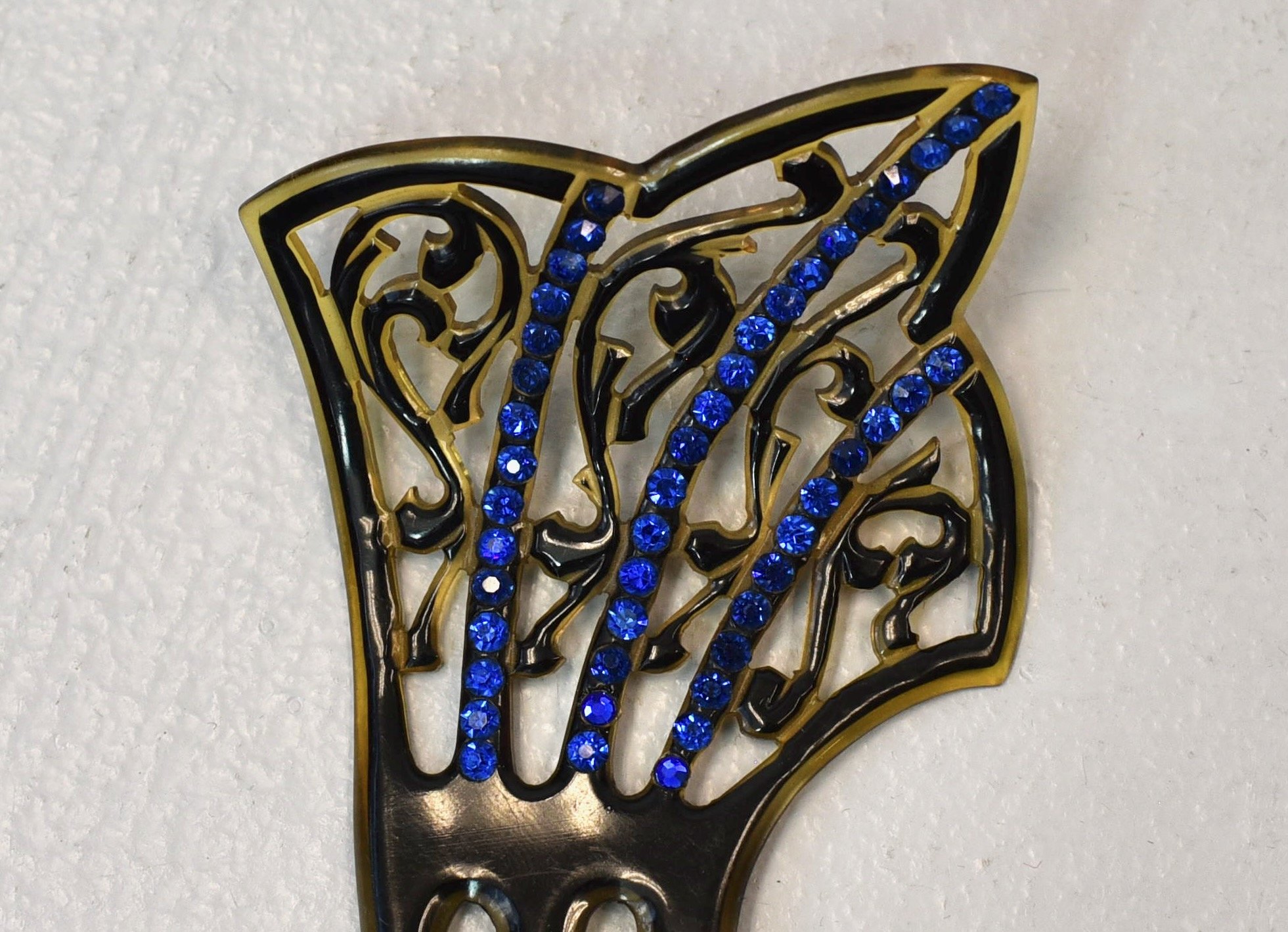Vintage art deco hair comb celluloid with blue rhinestones Art Deco hair comb in the Egyptian Revival style - celluloid  main image 2