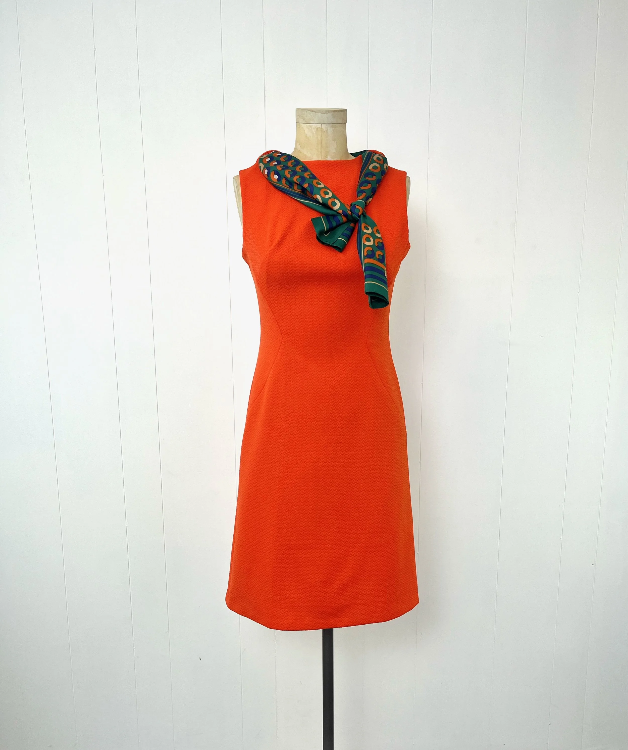 1960s Orange Chevron Mod Removable Scarf Mad Men Groovy Shift Dress   Canned Ham Vintage