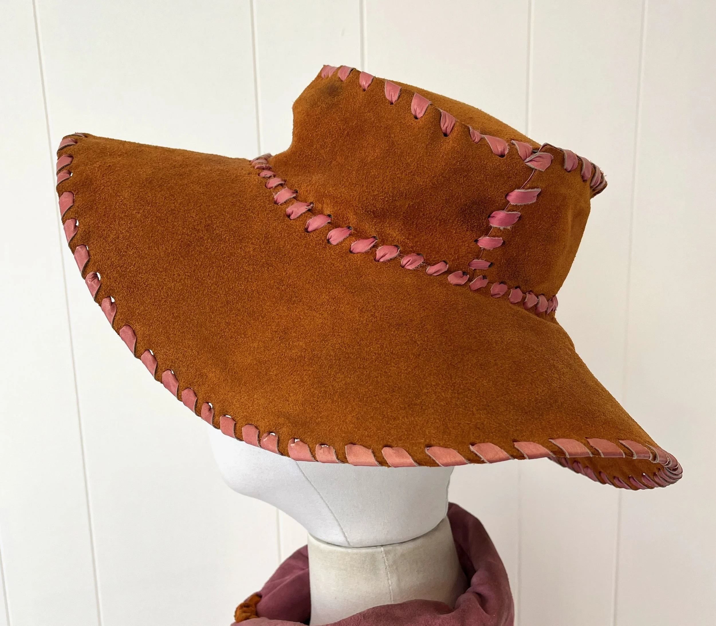 1972 Suede Leather Purple Rust Cropped Cape and Floppy Wide Brim