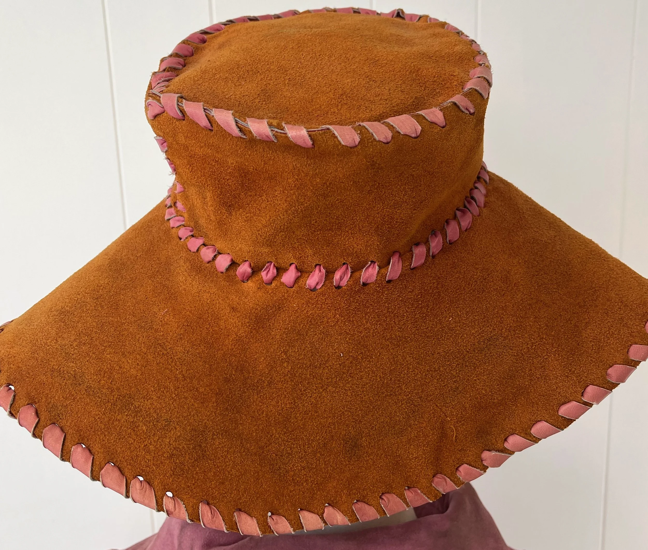 1972 Suede Leather Purple Rust Cropped Cape and Floppy Wide Brim