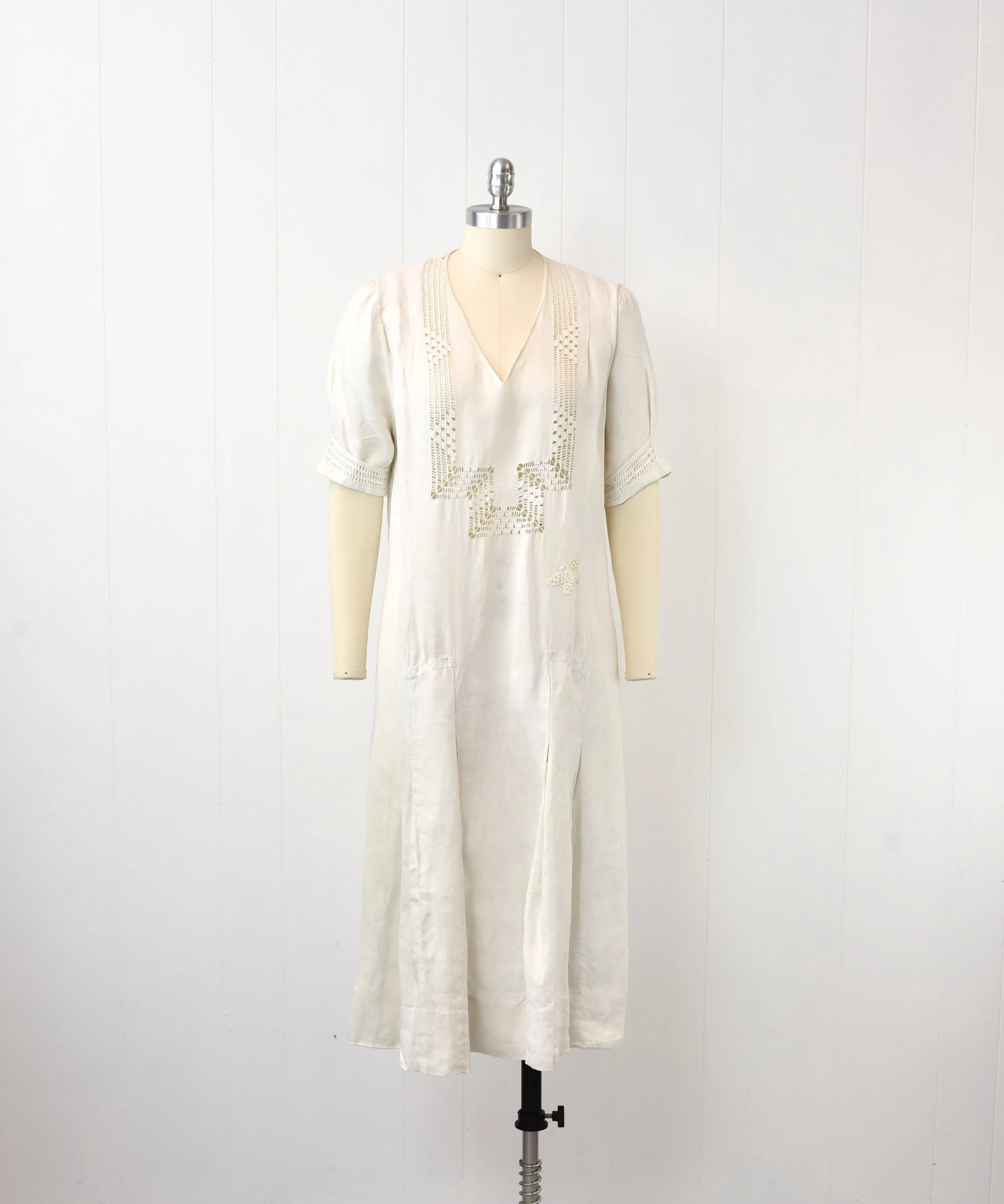 Antique 1920s White Linen Crochet Lace Butterfly Flapper Art Deco Summer  Lawn Dress Vest Two Piece Set  Canned Ham Vintage