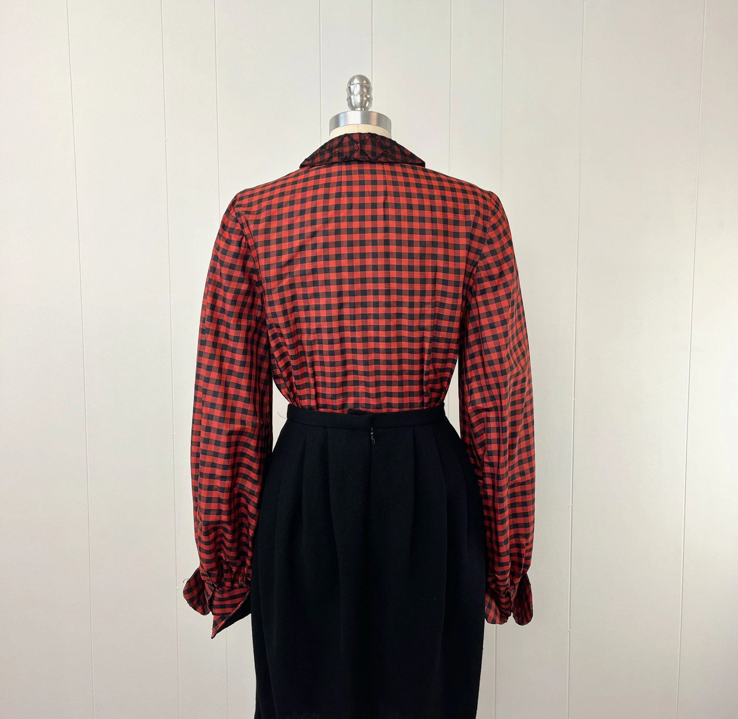 1950s Red Black Gingham Plaid Lace Peter Pan Collar Long Sleeve 