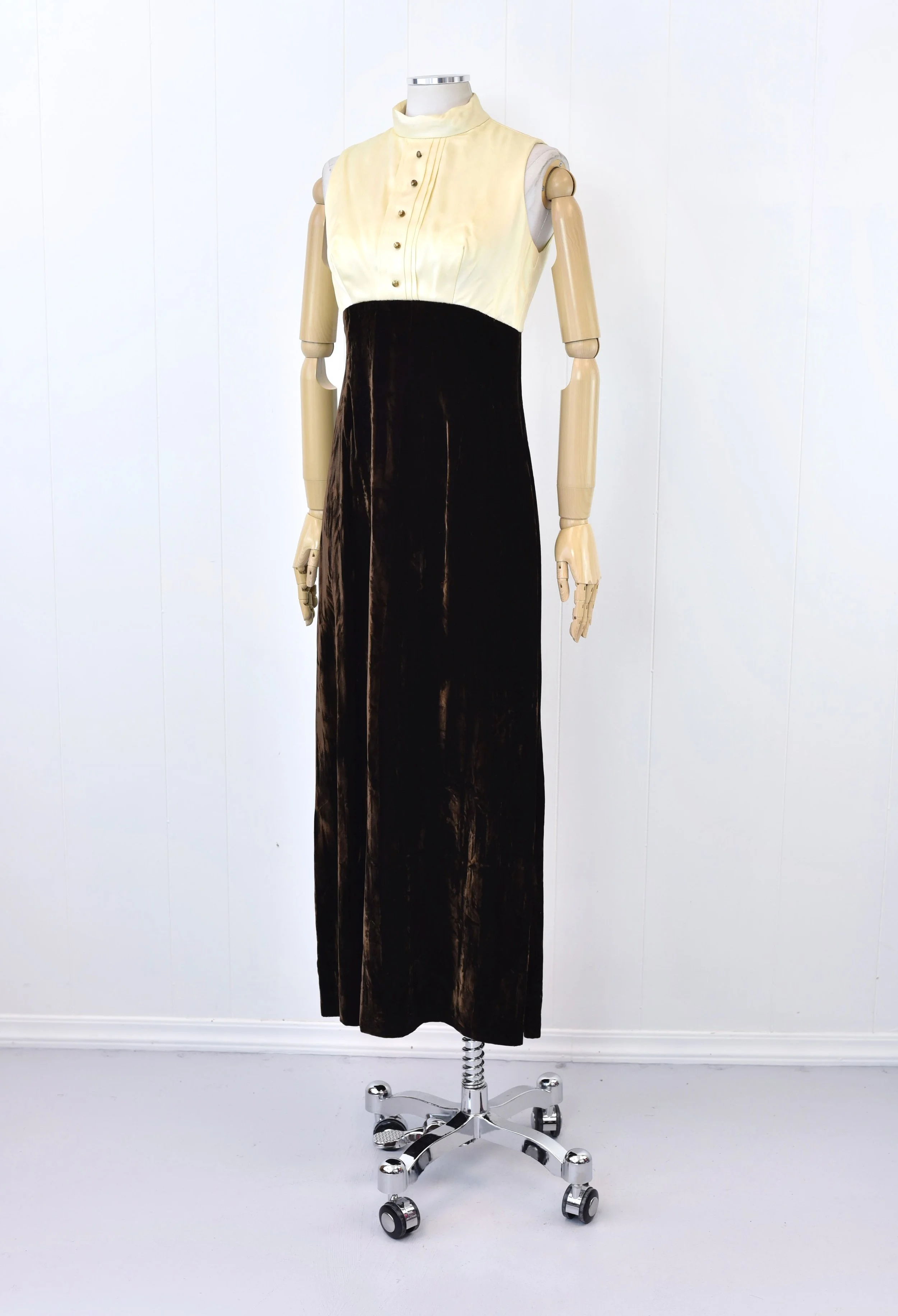 1960s Brown Crushed Velvet Color Block Mod Maxi Dress Gown Jacket Two Piece  Matching Set  Canned Ham Vintage