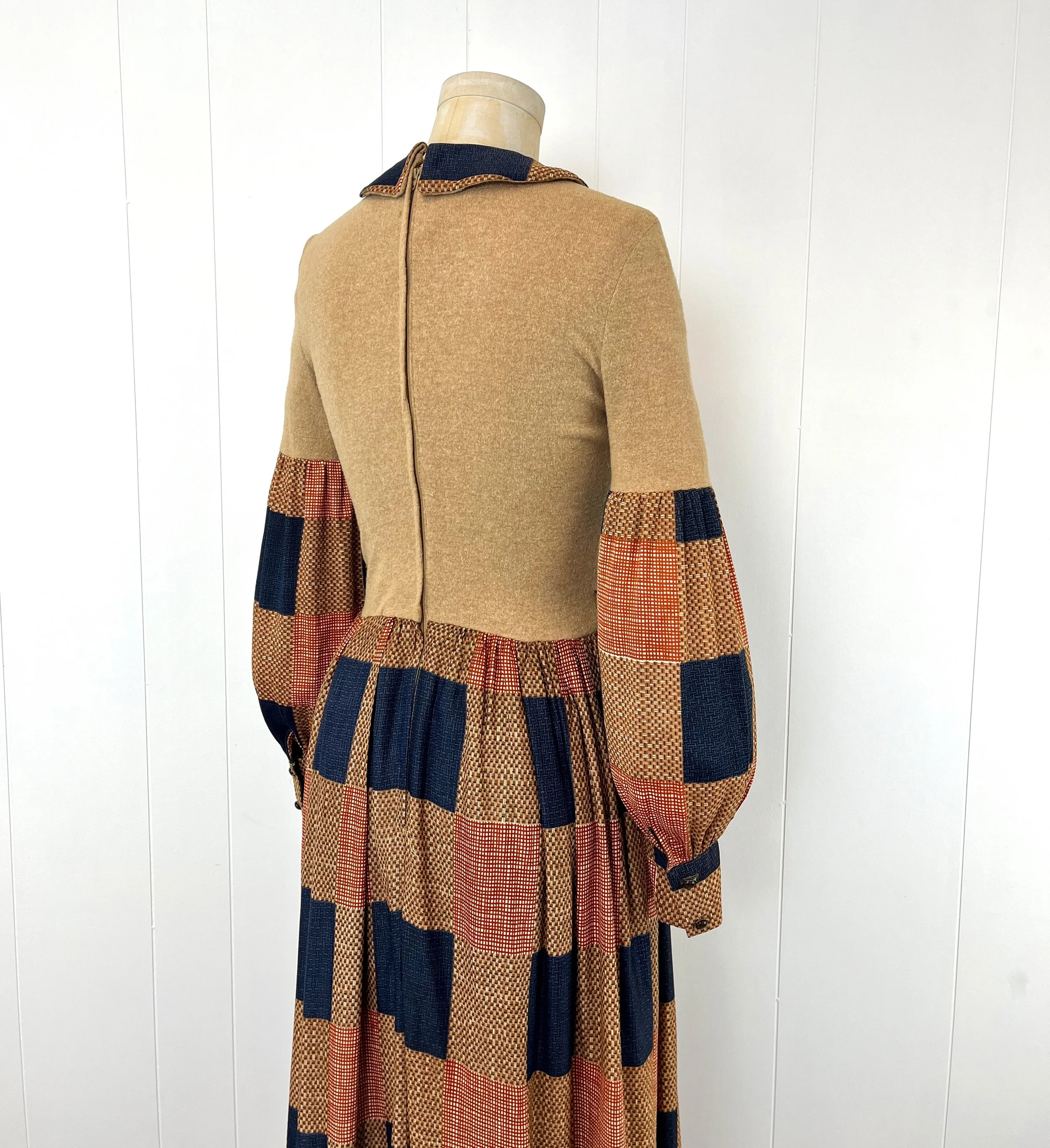 1970s Patchwork Balloon Sleeve Tan Wool Peter Pan Collar Marie Leavell  Groovy Boho Maxi Dress Gown — Canned Ham Vintage