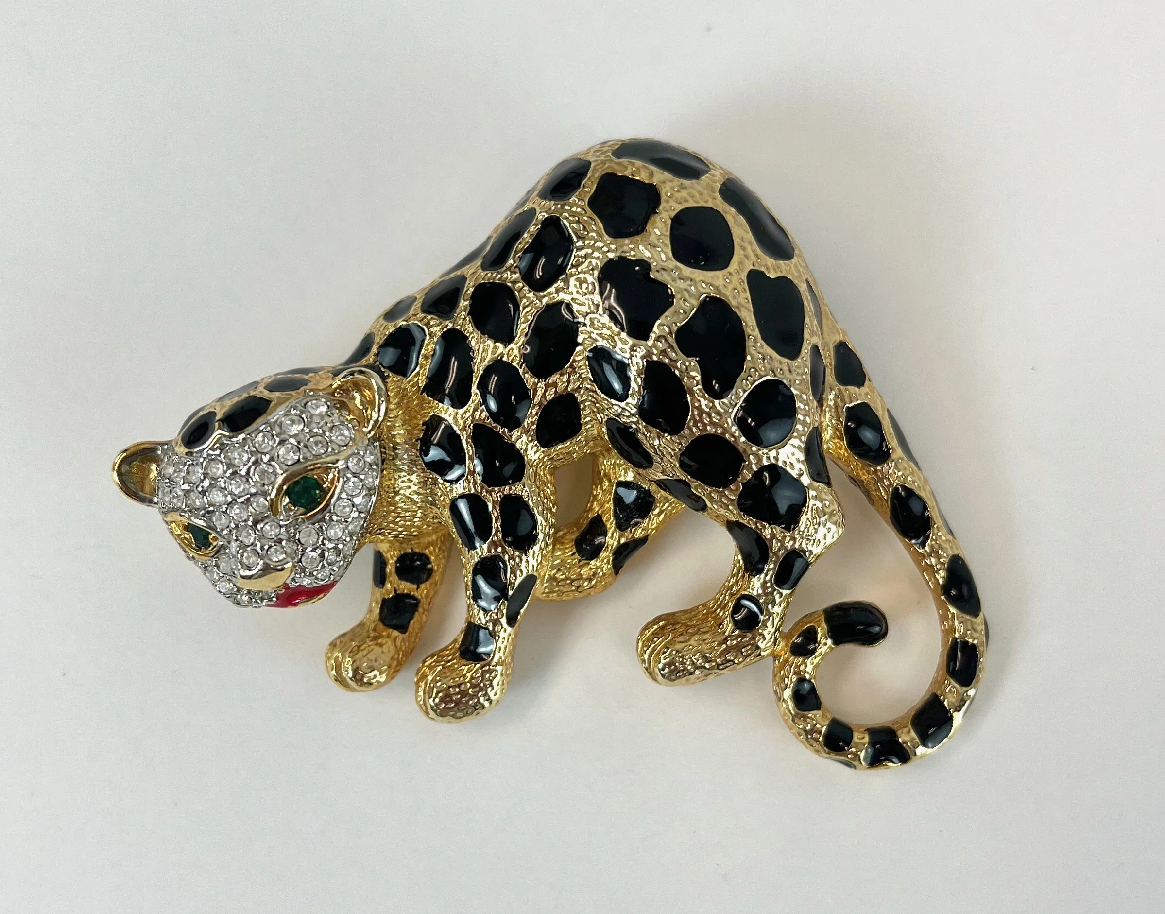 Vintage 1980s Cheetah Leopard Cat Rhinestone Gold Tone Metal Black