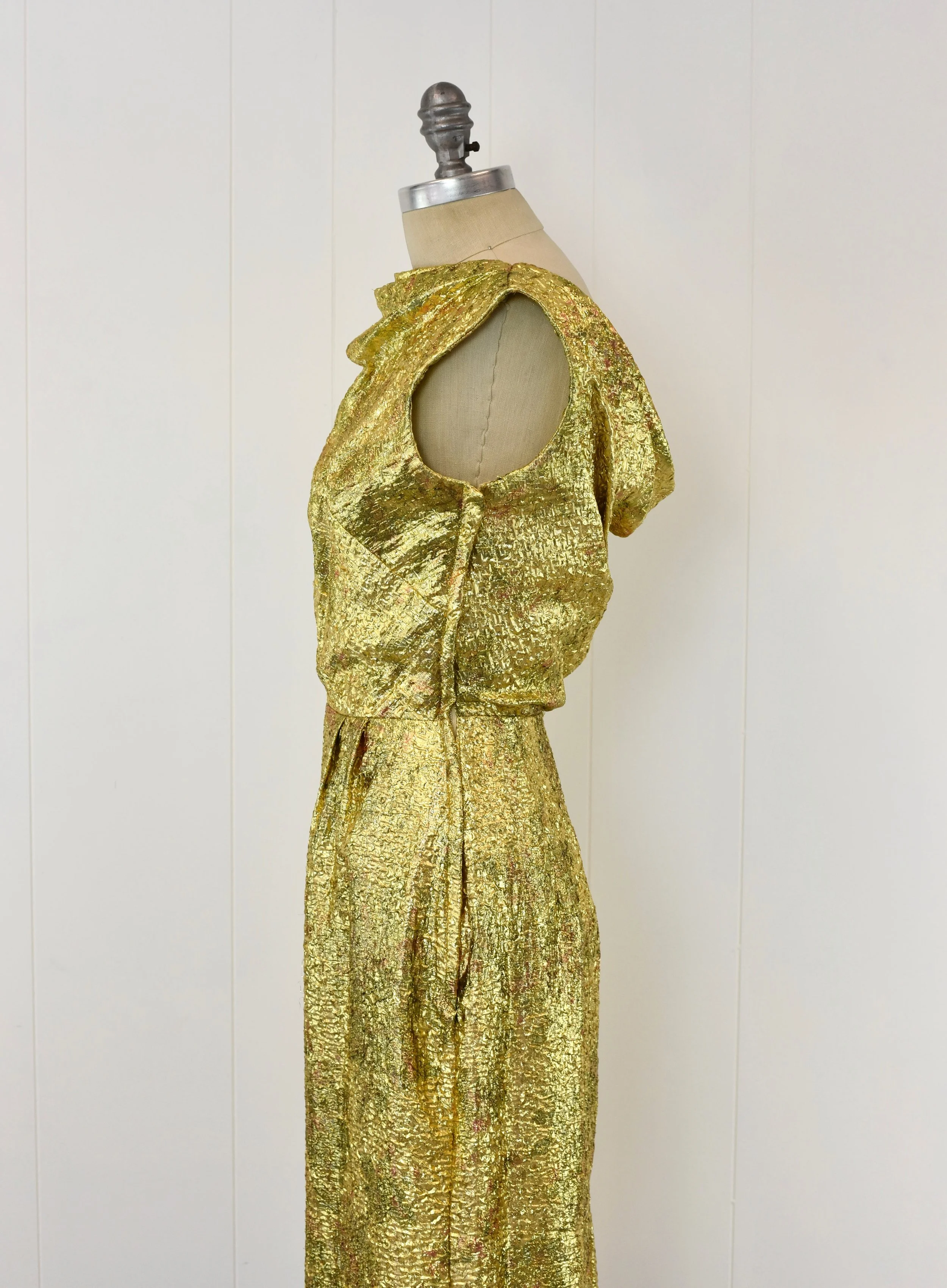 slim fit dress slacks 1985 Thierry Mugler Couture Metallic Gold Lamé & Fishnet High-Slit Gow