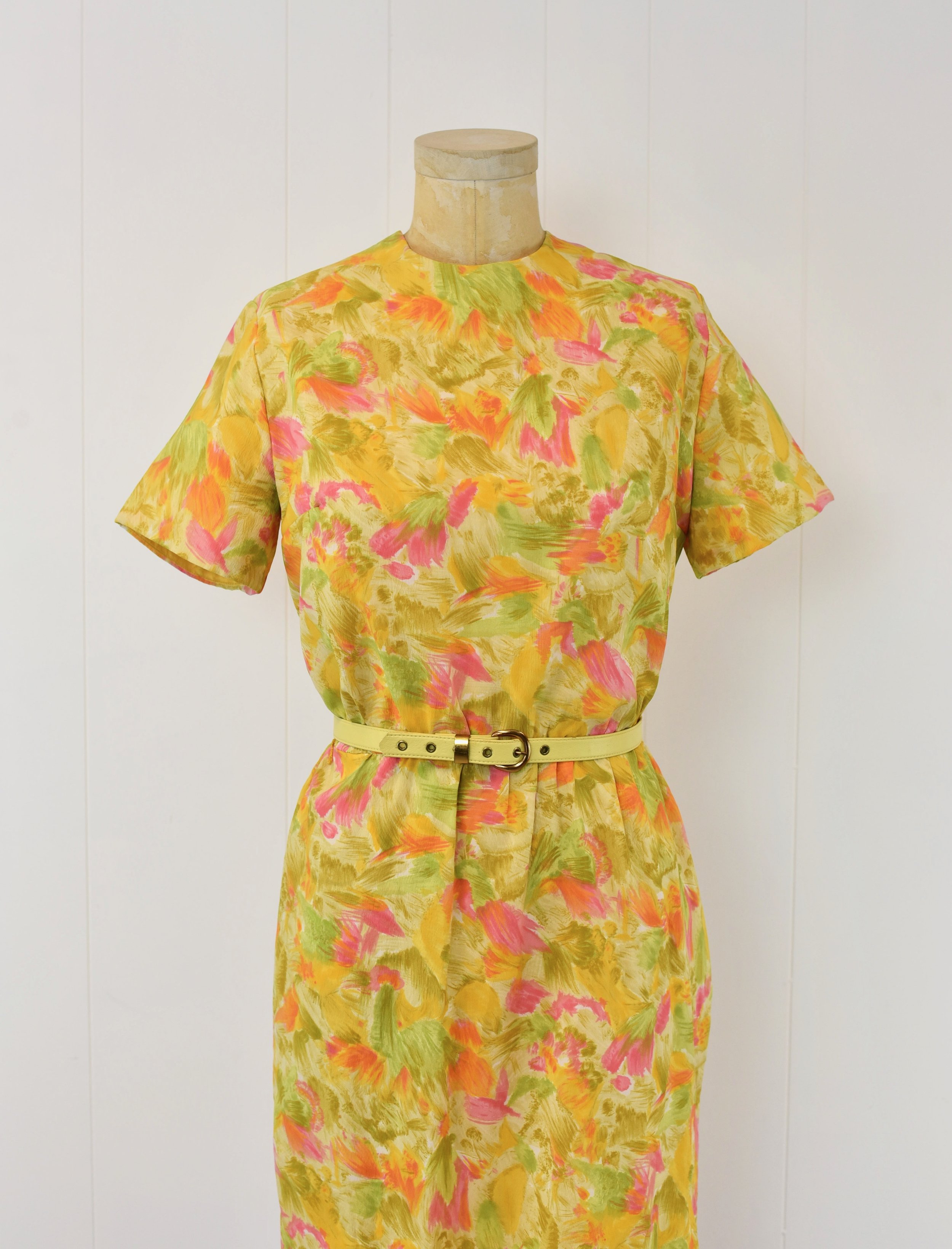 1960s Yellow Orange Floral Miss Endrea Dallas Summer Day Dress with Belt  Canned Ham Vintage