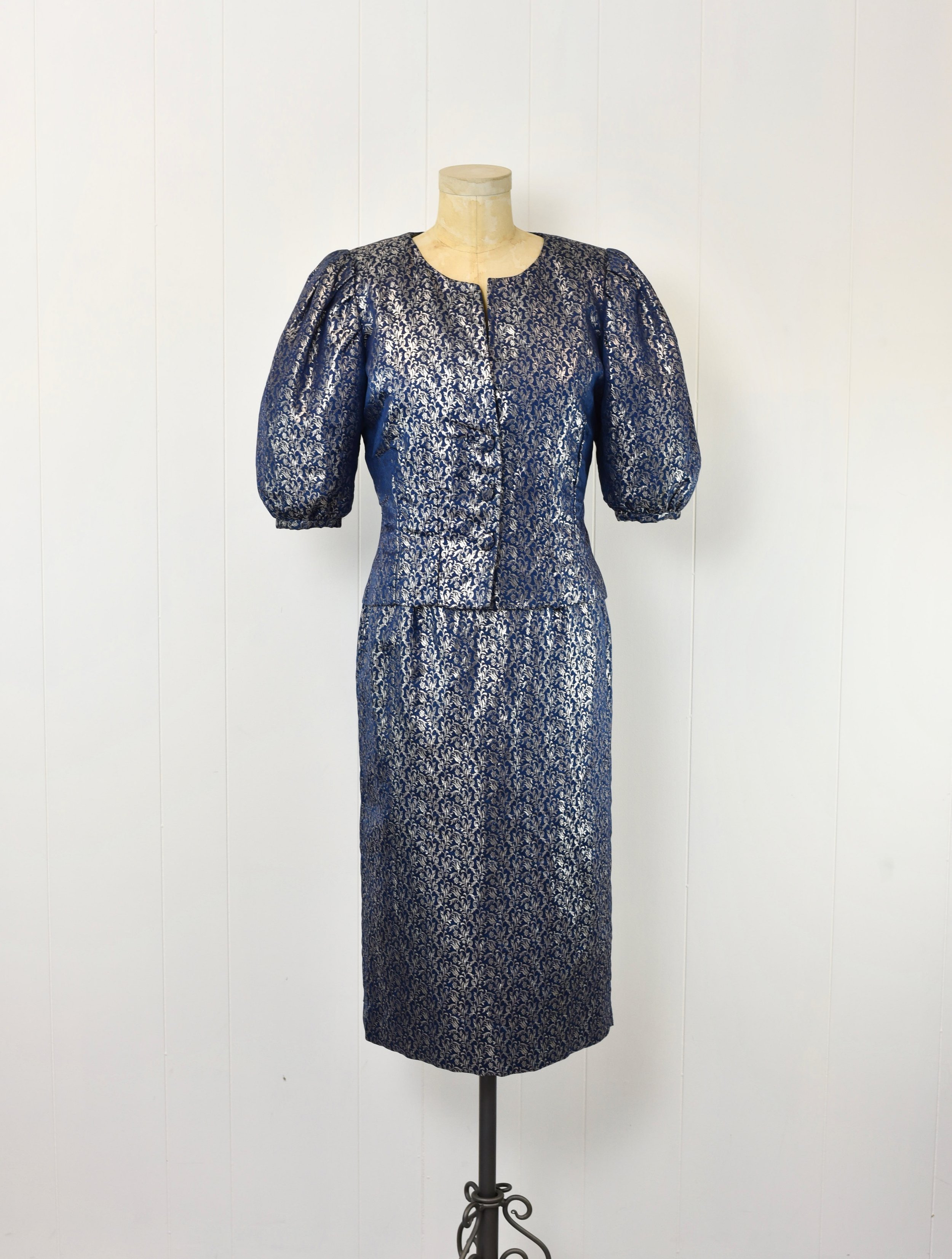 1980s Blue Silver Metallic Brocade Dove Bird Floral Novelty Print Puff Sleeve Bolero Dress Matching Two Piece Set  Canned Ham Vintage